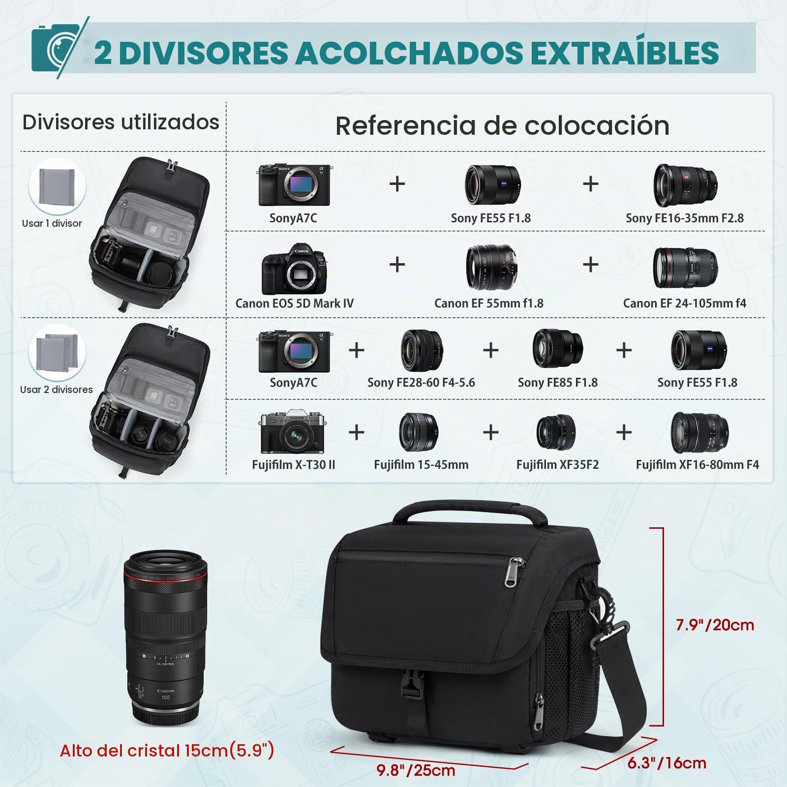 RAINSMORE Bolsa Camara Reflex fotografica con cámara Digital SLR DSLR Impermeable Funda cámaras Camera Bag Estuche Protector Ajustable con Porta Negro
