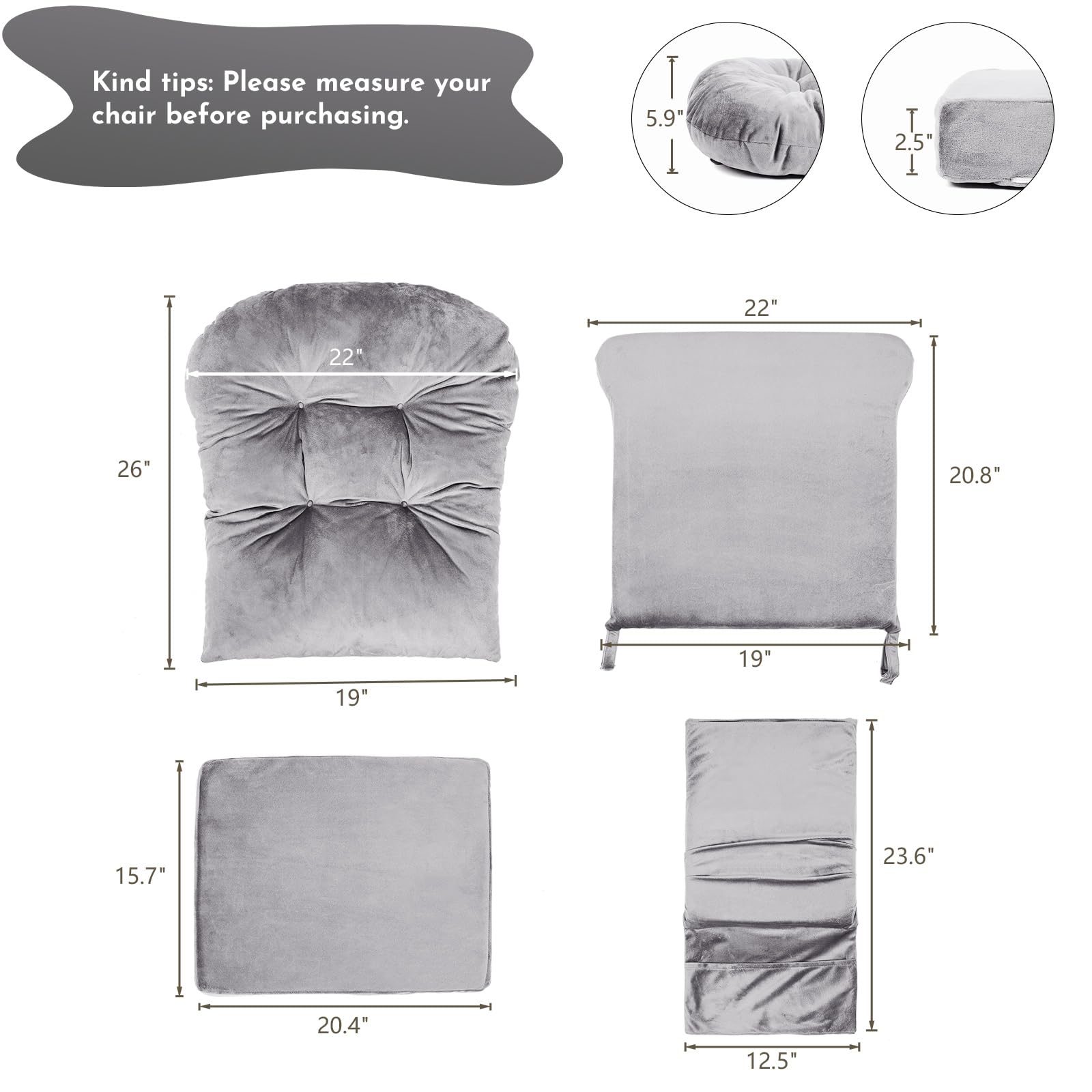 Lucky Monet 5Pcs Glider Rocker Replacement Cushions - Velvet Glider Cushions Replacement Set with Side Storage Pockets, Thick Glider Chair Cushions Washable & Non Slip, Cushion ONLY - Gray