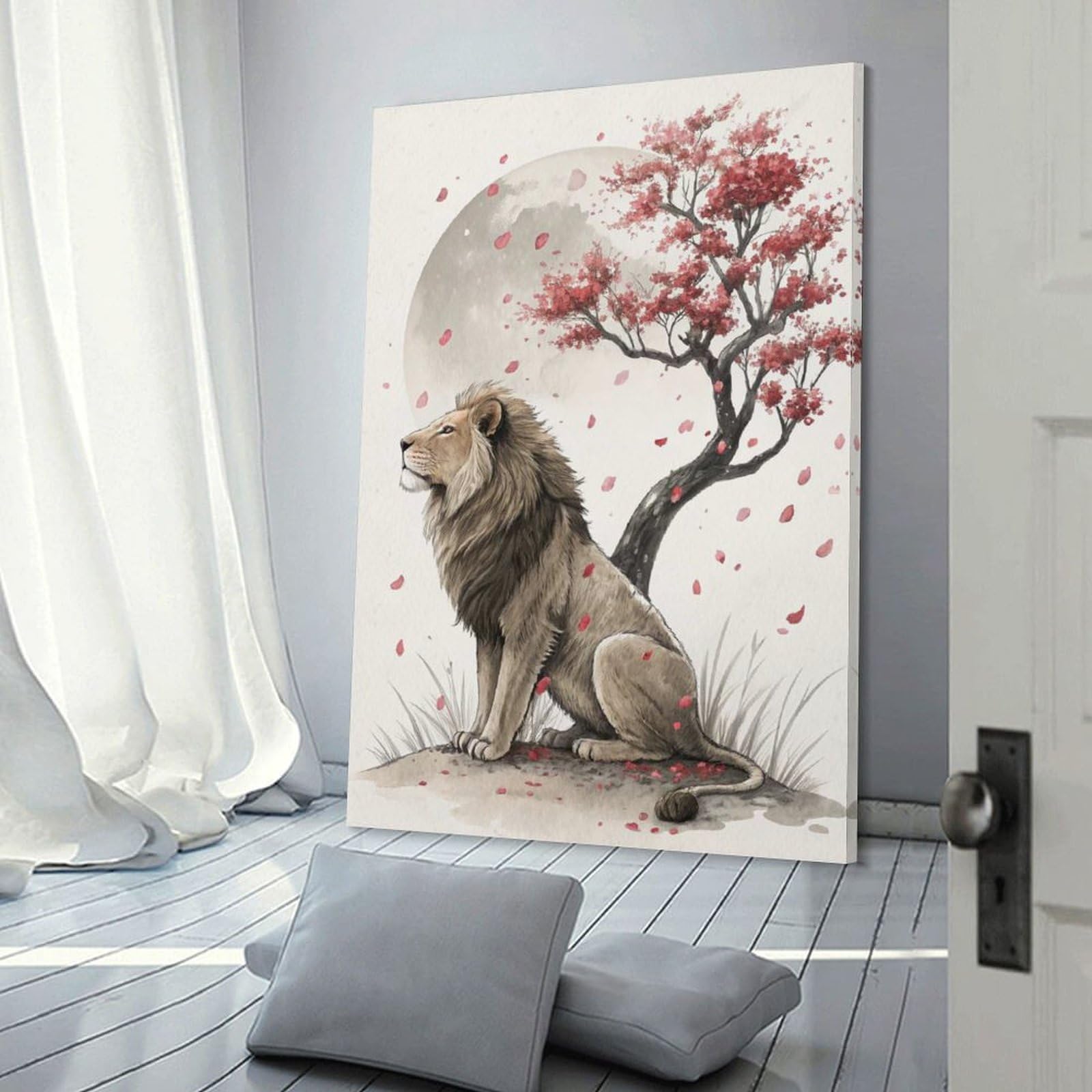 Junmoney Lion Under A Cherry Blossom Tree Canvas Art Print, 08x12inch(20x30cm), for Bedrooms, Workspaces And Everyday Interiors, A Flexible Wall Accent for Shared Spaces