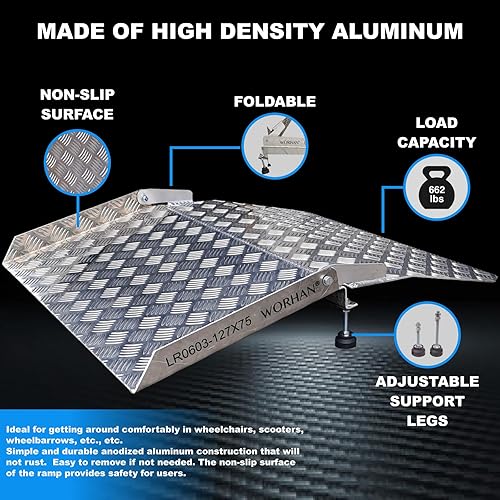 Miniatura 2 de WORHAN Rampa de umbral para silla de ruedas, plataforma de carga de aluminio rígido, altura variable, superficie antideslizante, 662 libras, puente