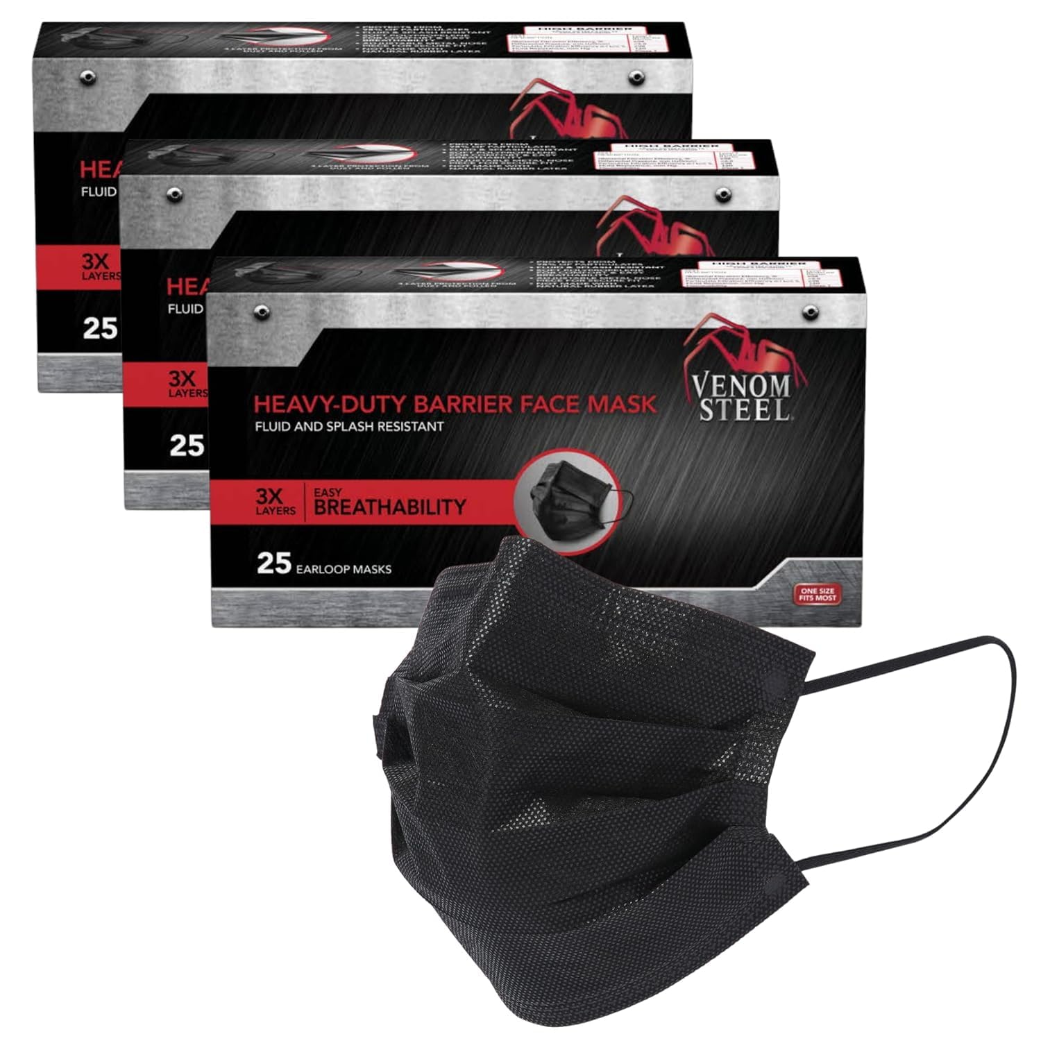 Venom Steel Heavy Duty Barrier Black Face Mask, Fluid and Splash Resistant, 75 Count