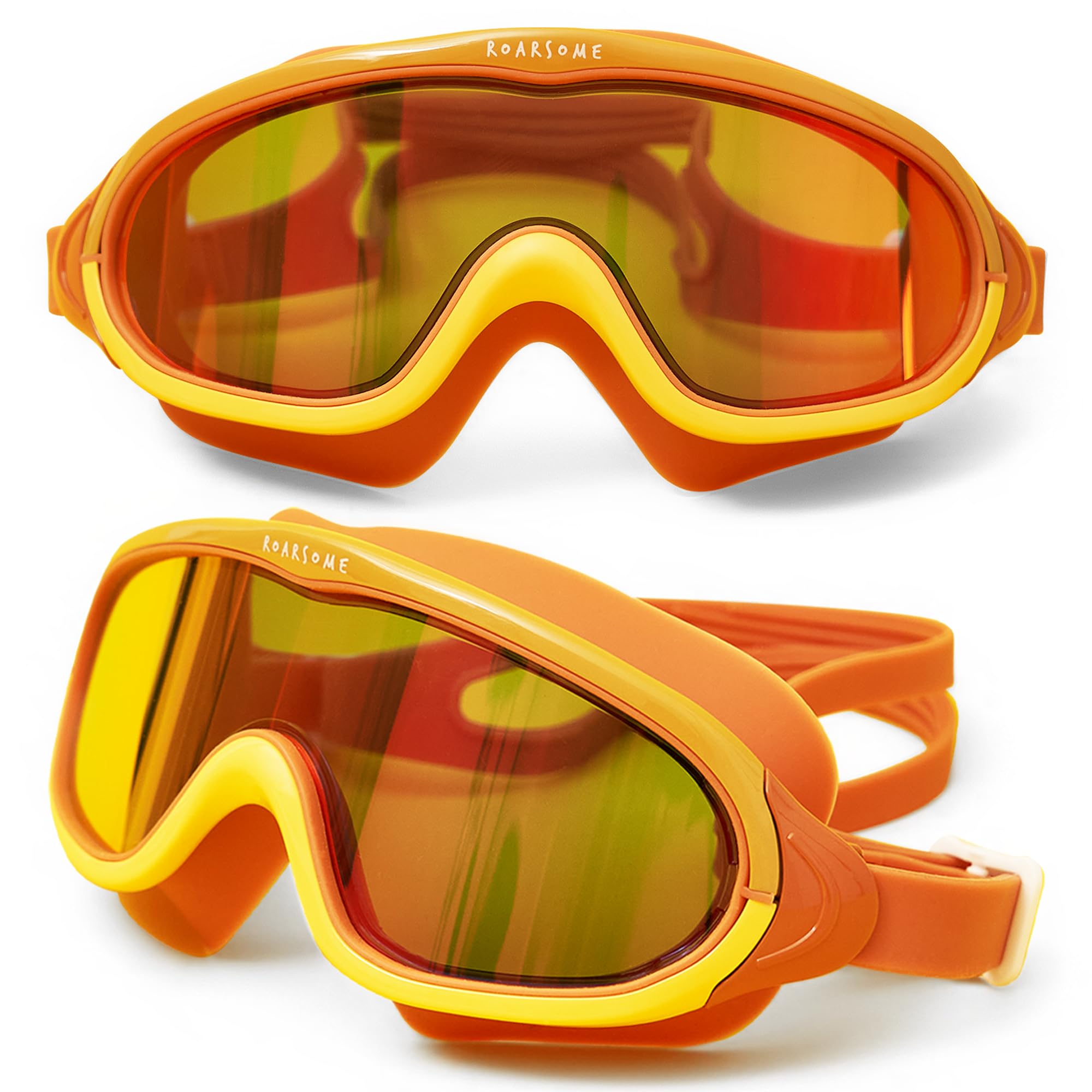 Roarsome Kids Swimming Goggles Ages 2-10 | Superhero Design | Anti-Fog & UV400 Protection | Soft Silicone Leak-Proof Fit | One Size Adjustable Strap | Pool, Beach & Ocean - Orange
