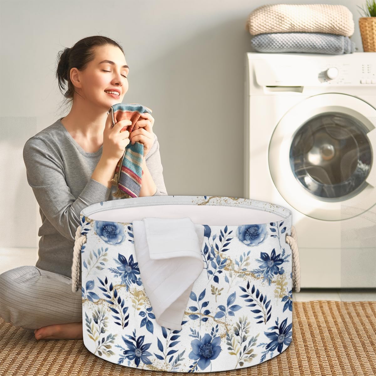 Large Round Laundry Basket Blue Watercolor Flowers Toy Bins Organizers and Storage for Girls Canvas Collapsible Blanket Storage Basket Laundry Hamper Gift Baskets Bedroom Clothes Children Nursery