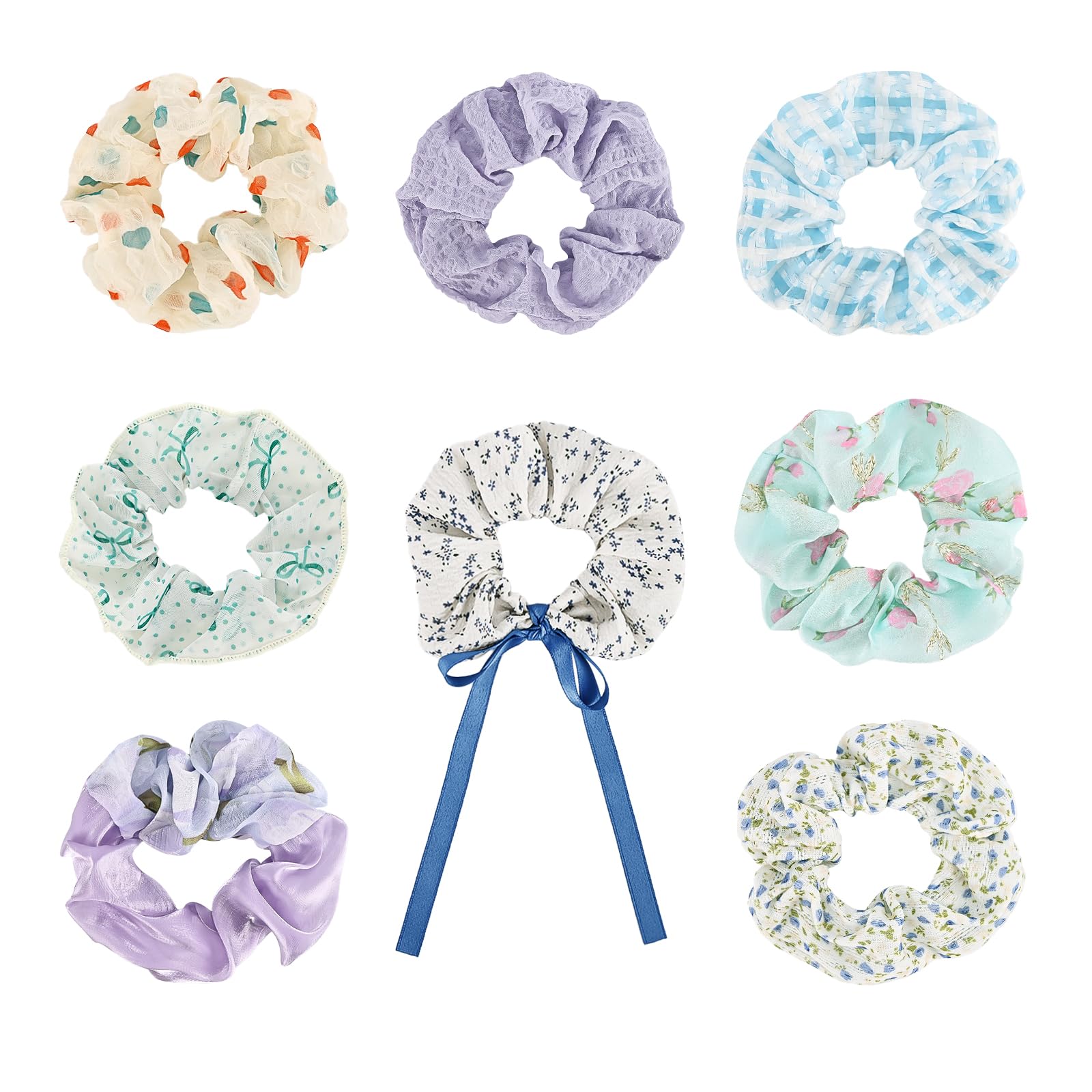 Yonchic 8-Piece Flower Print Scrunchies for Women Girls, No Damage Elastic Hair Ties, Bulk Ponytail Holder Hair Bands, Fashion Rubber Band Hair