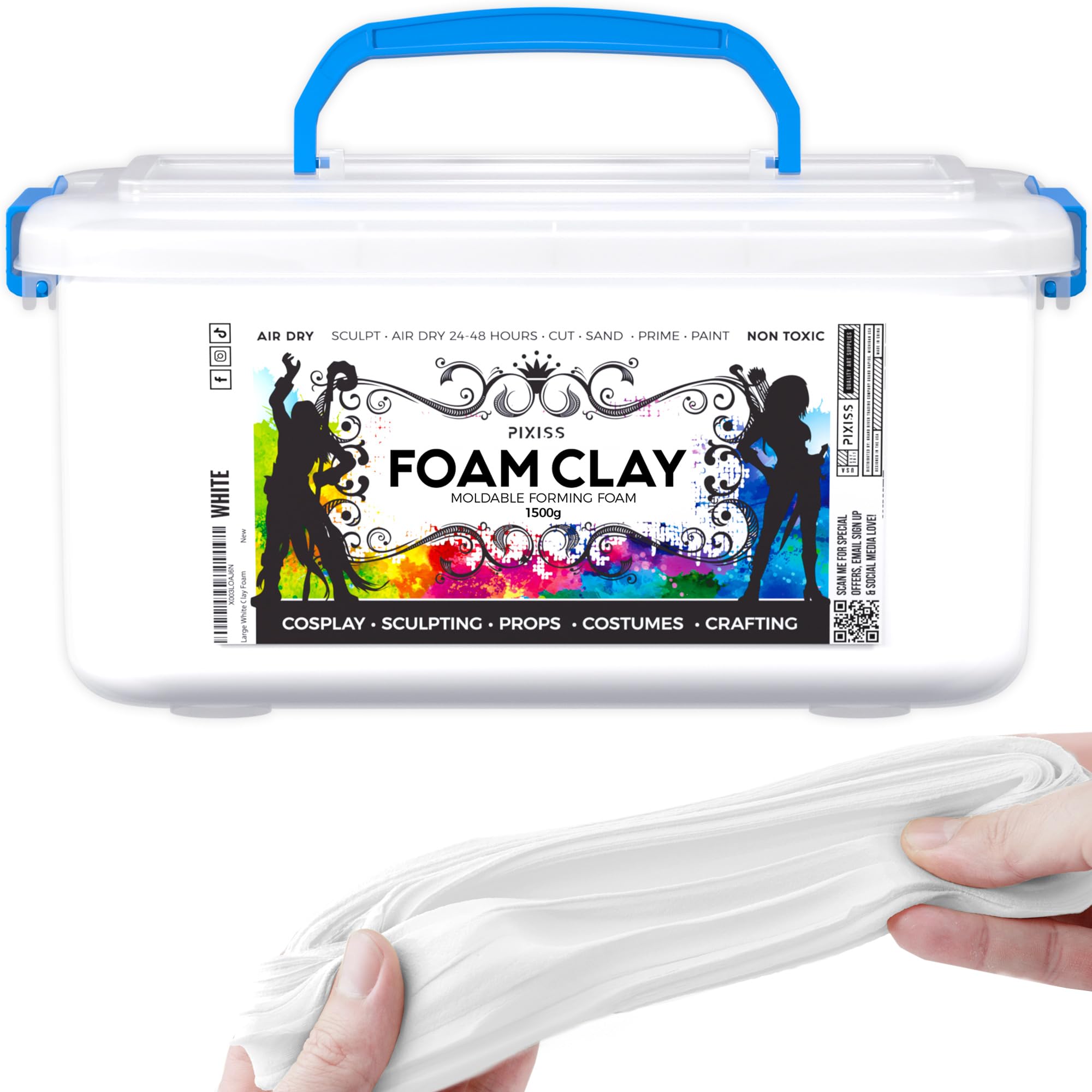 Pixiss Premium Modeling Foam Clay - Air Dry Clay for Crafts, Cosplay & Costumes, 1500 Gram - Flexible, White