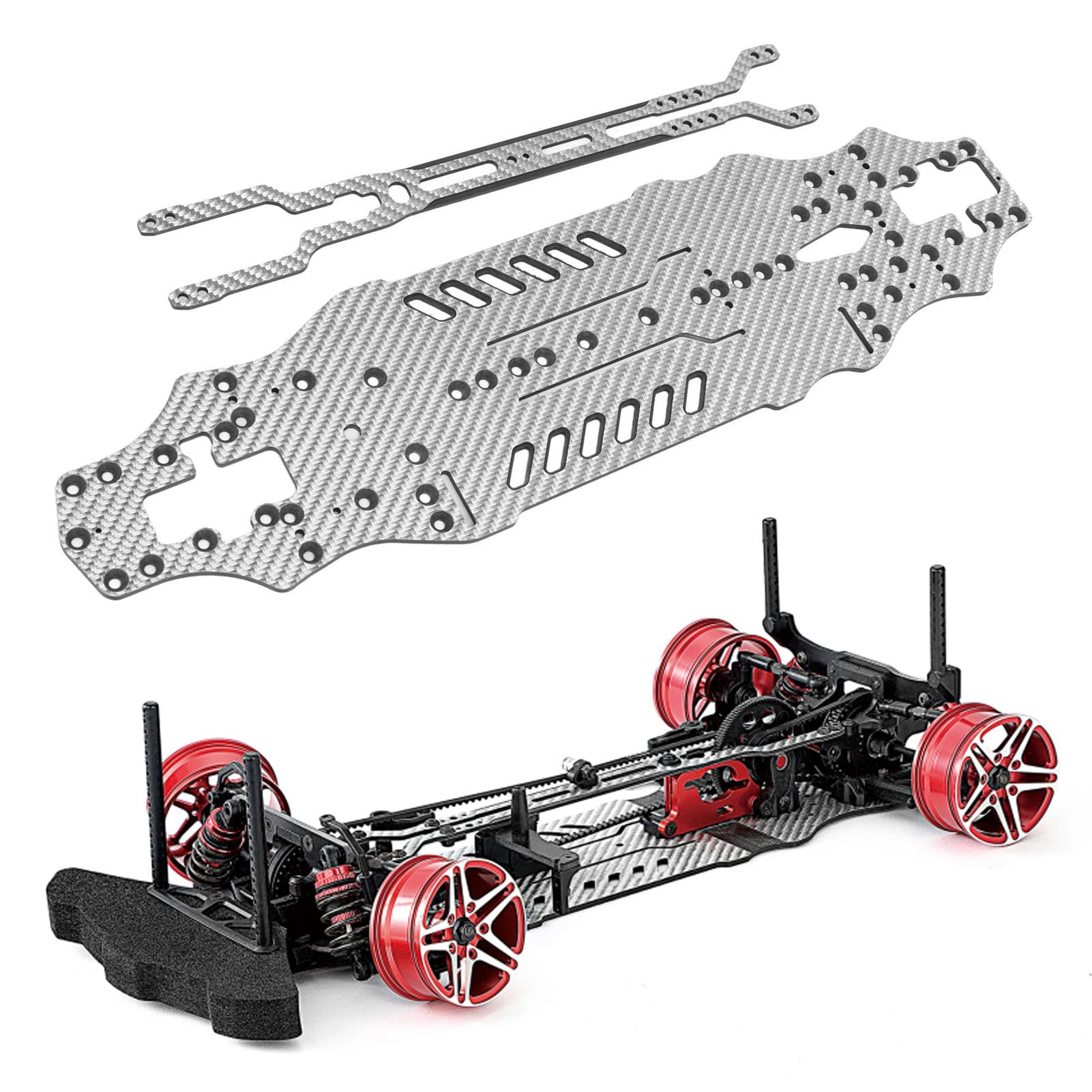 for 1:10 RC Car Chassis, 3K Carbon Fiber Material, CNC Machined, Hollow Design, Lightweight, Flexible, Drift Performance (SSG de plata)