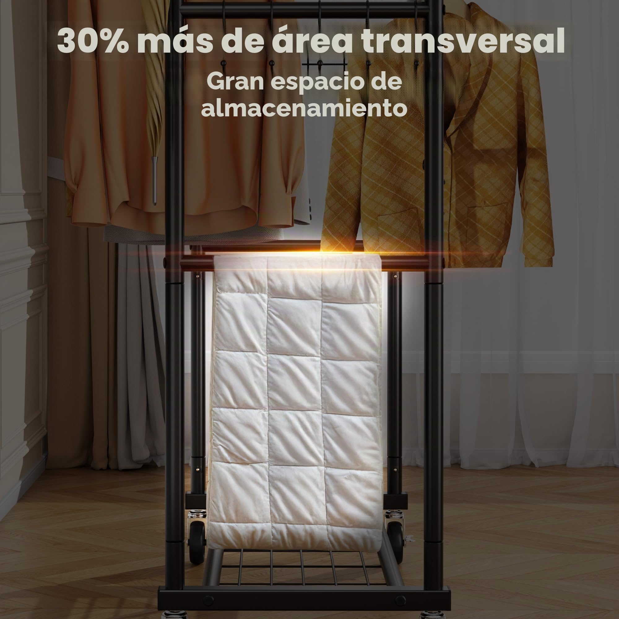HOKEEPER Perchero de Doble Barra con Ruedas y Estante, Negro | Resistente 204kg , Portátil para Dormitorio, Lavandería y Abrigos, Negro