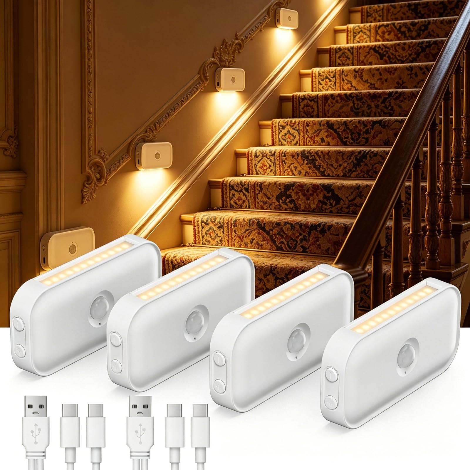 Suright Luce Notturna con Sensore di Moviment, 4 Pezzi Ricaricabile Notturne, 5 Livelli di Luminosità (20-125 lm), 2700K,AUTO/OFF/NIGHT 3 Modalità, per Corridoio, Bagno, Scale, Cameretta