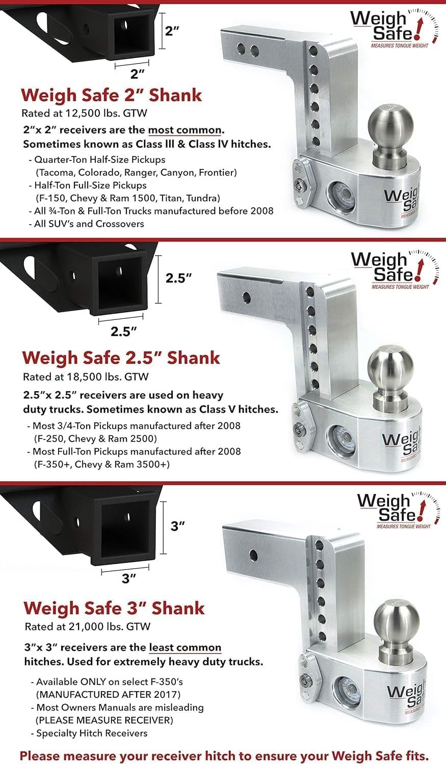 Weigh Safe Aluminum Adjustable Trailer Hitch - Anti-Sway Towing Hitch for 3" Receivers - 8" Drop Hitch, 21,000 lbs GTW, 4-Piece Lock Set
