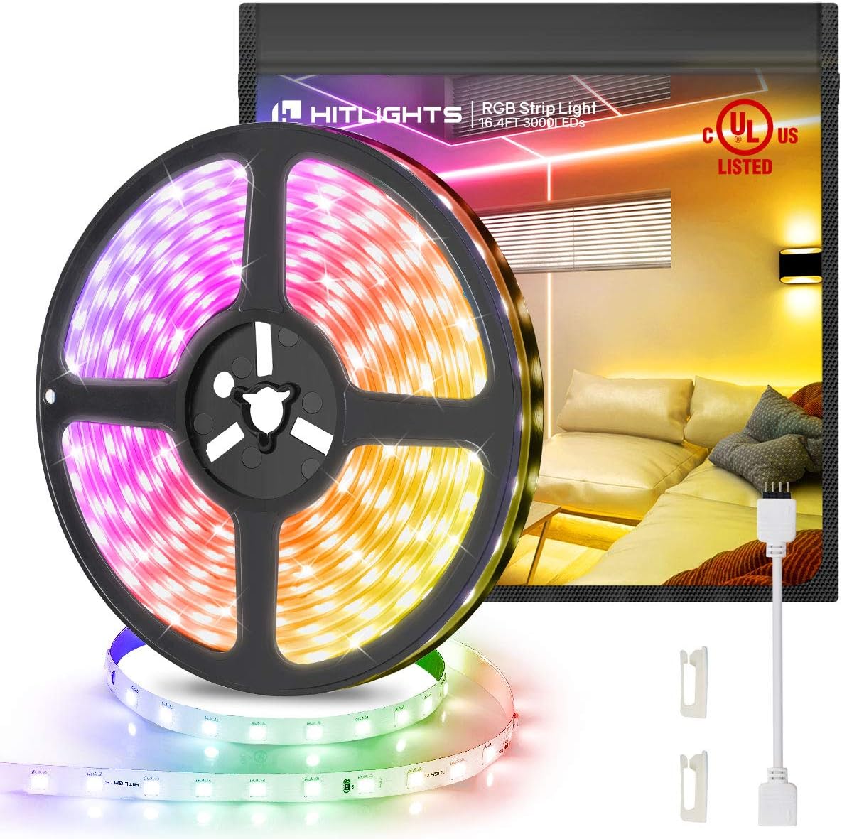 HitLights UL Listed LED Strip Lights, Premium High Density 16.4ft 5050 RGB 300LEDs, 12V for Room Under Kitchen Bedroom Home Decoration
