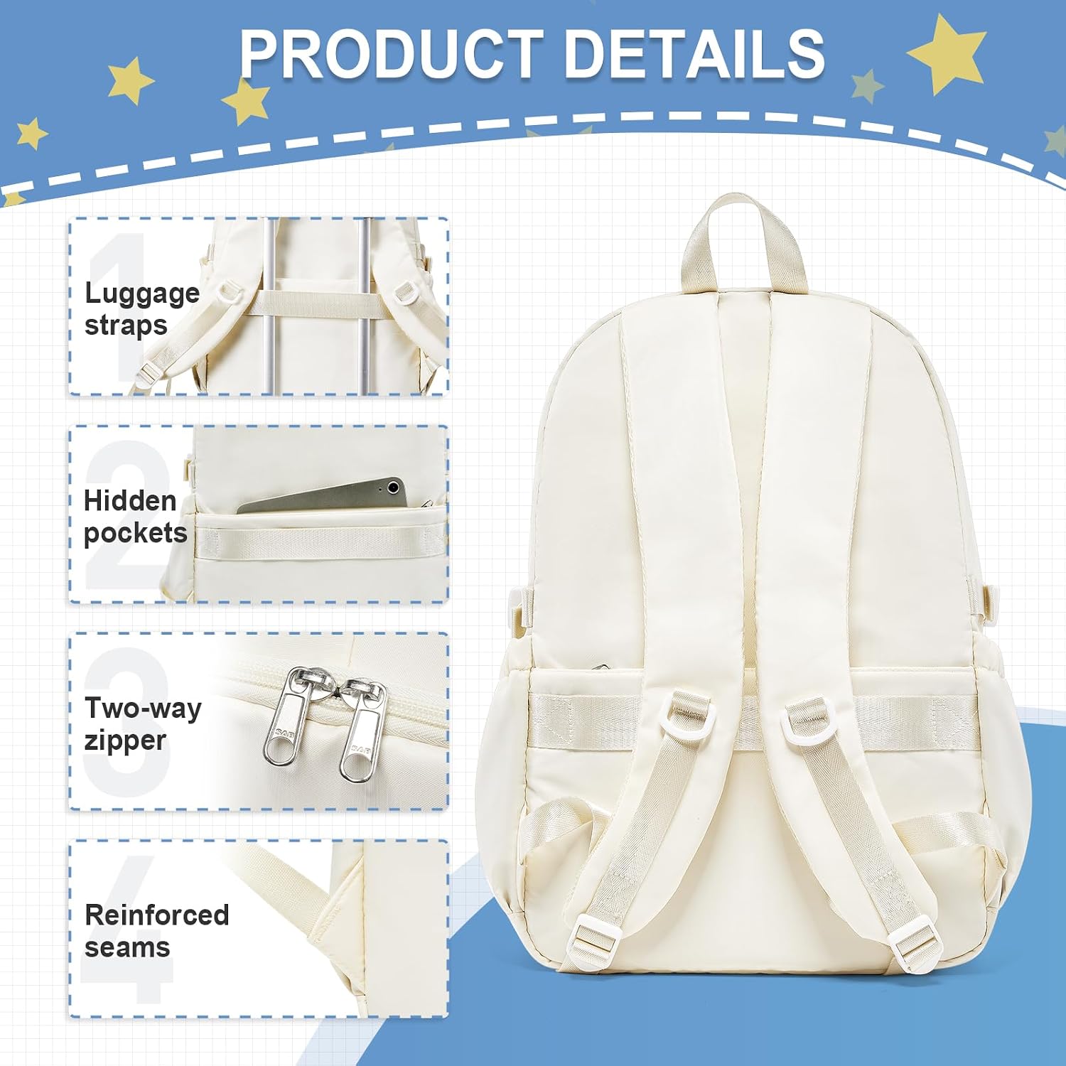 Lightweight Waterproof Backpack for Women Men Large Capacity College School Bag with Luggage Straps Multiple Pockets Durable High School Bookbag, Casual Daypacks for Students Girls Boys(Beige) image 4