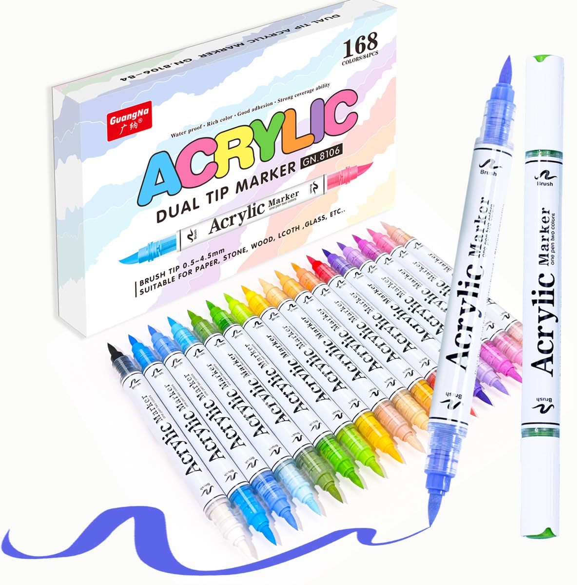 Akrylowe markery z podwójną końcówką, 168 kolorów, wodoodporne pisaki malarskie, szerokość linii 0,5-4,5 mm, do papieru, kamienia, drewna, szkła, tkaniny (168 kolorów)