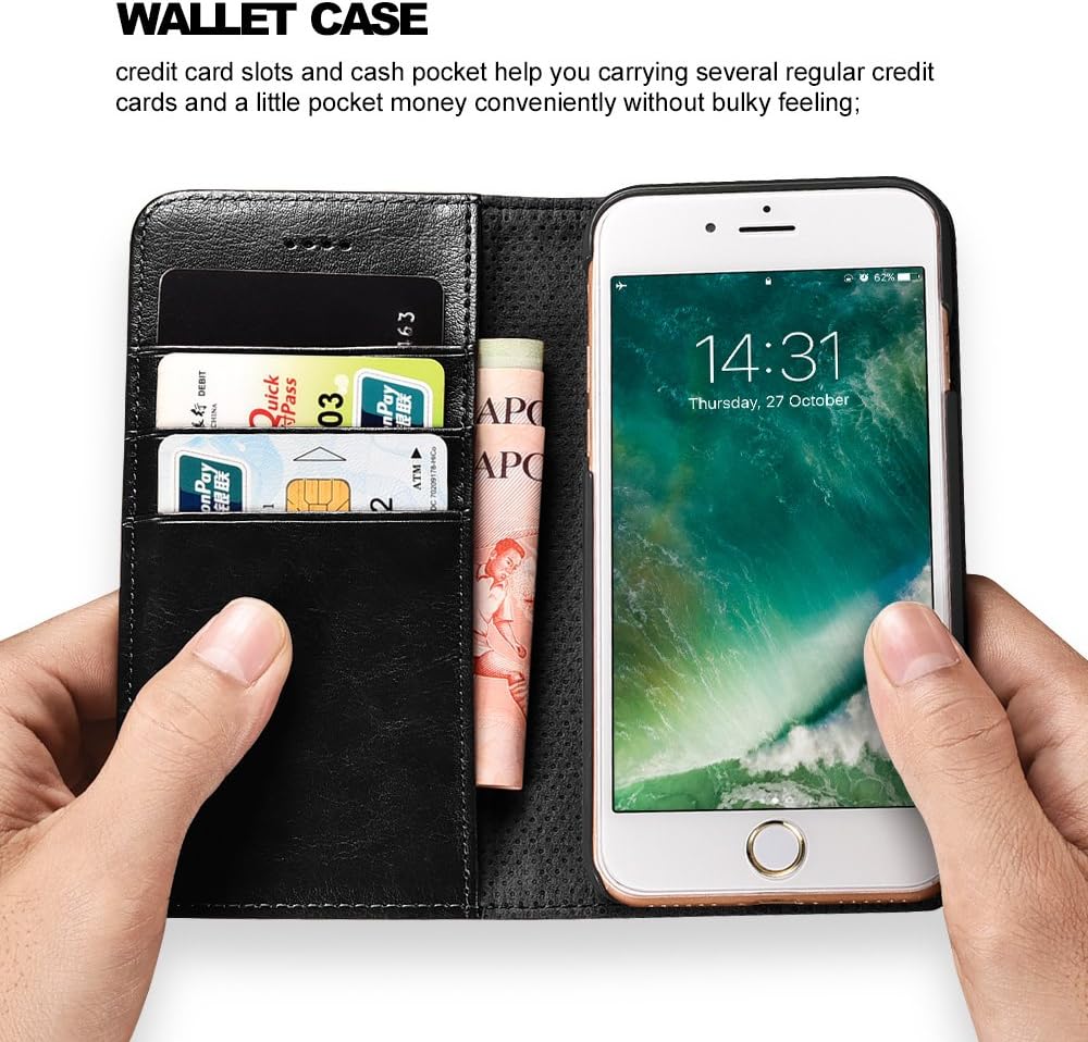 ICARERCASE iPhone 7, 8, SE 2nd/SE 3rd Case, Leather Wallet Magneitc Case with Stand and 3 Credit Slots for iPhone 7/8/SE 2020/SE 2022 4.7 inch (Black)