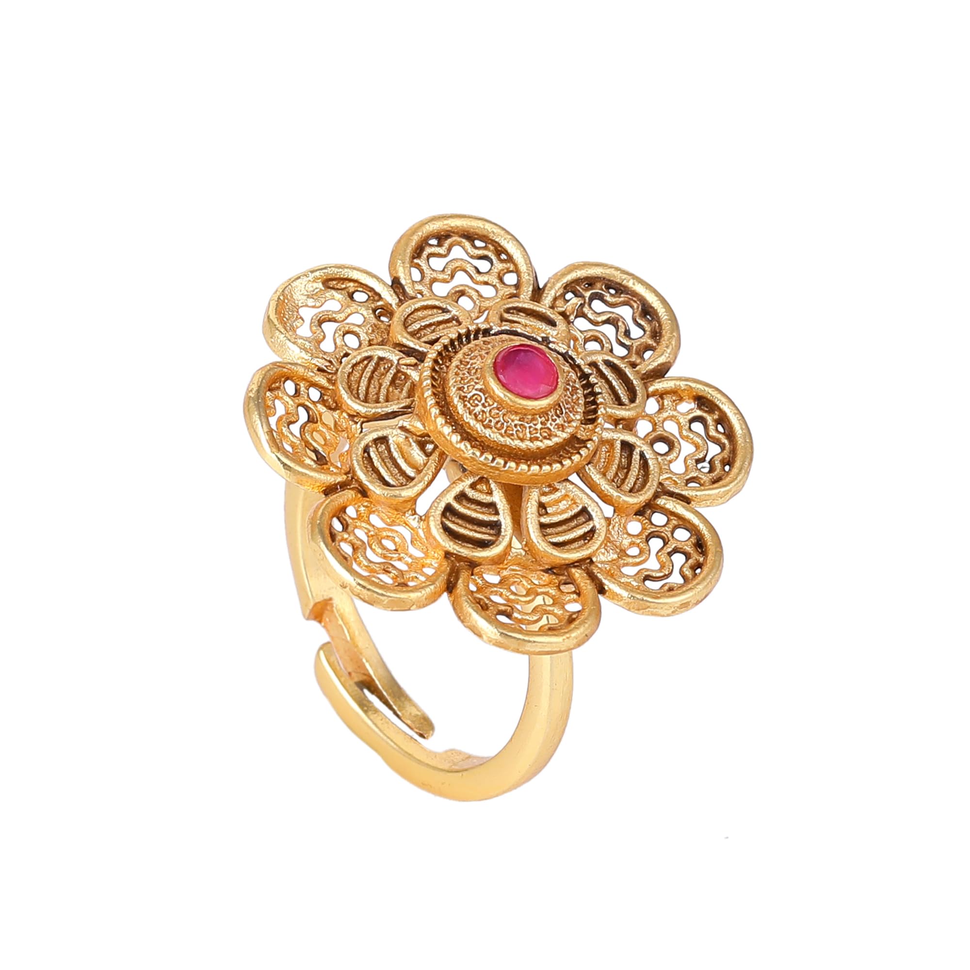 Fashion Jewellery Finger Rings for Women Gold Plated Gilded Floral Design Exquisite Matte Finish Emerald Stone Adorned Adjustable Finger Ring for Girls and Women-AD-149-IGRB RING