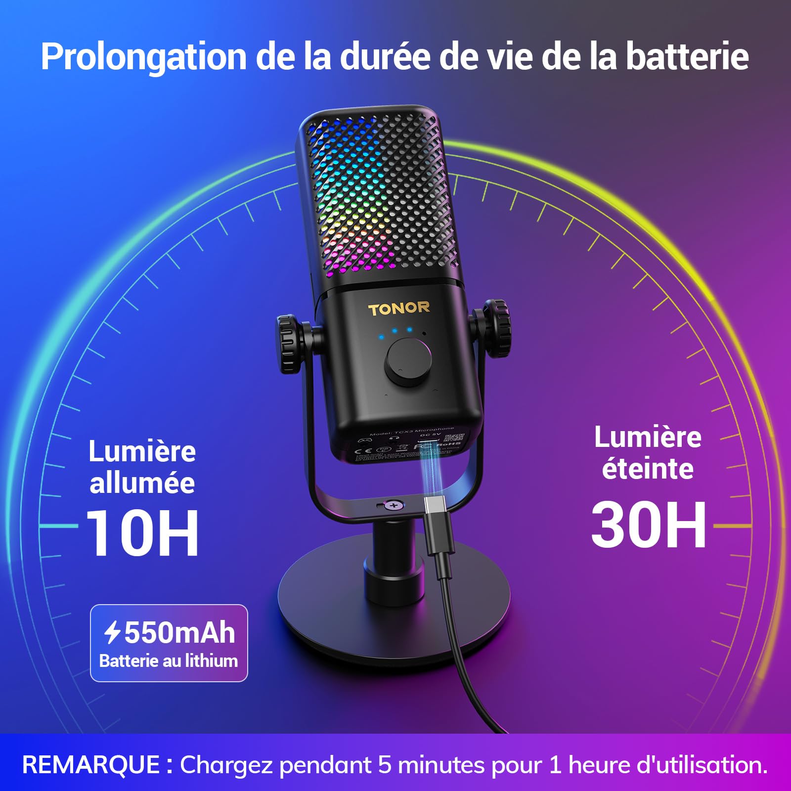 TONOR Micro Gaming Compatible avec Xbox, Microphone de Streaming à Condensateur RGB avec Autonomie de Batterie de 30 Heures, Coupure du Son en Un Clic, 200cm,TCX3