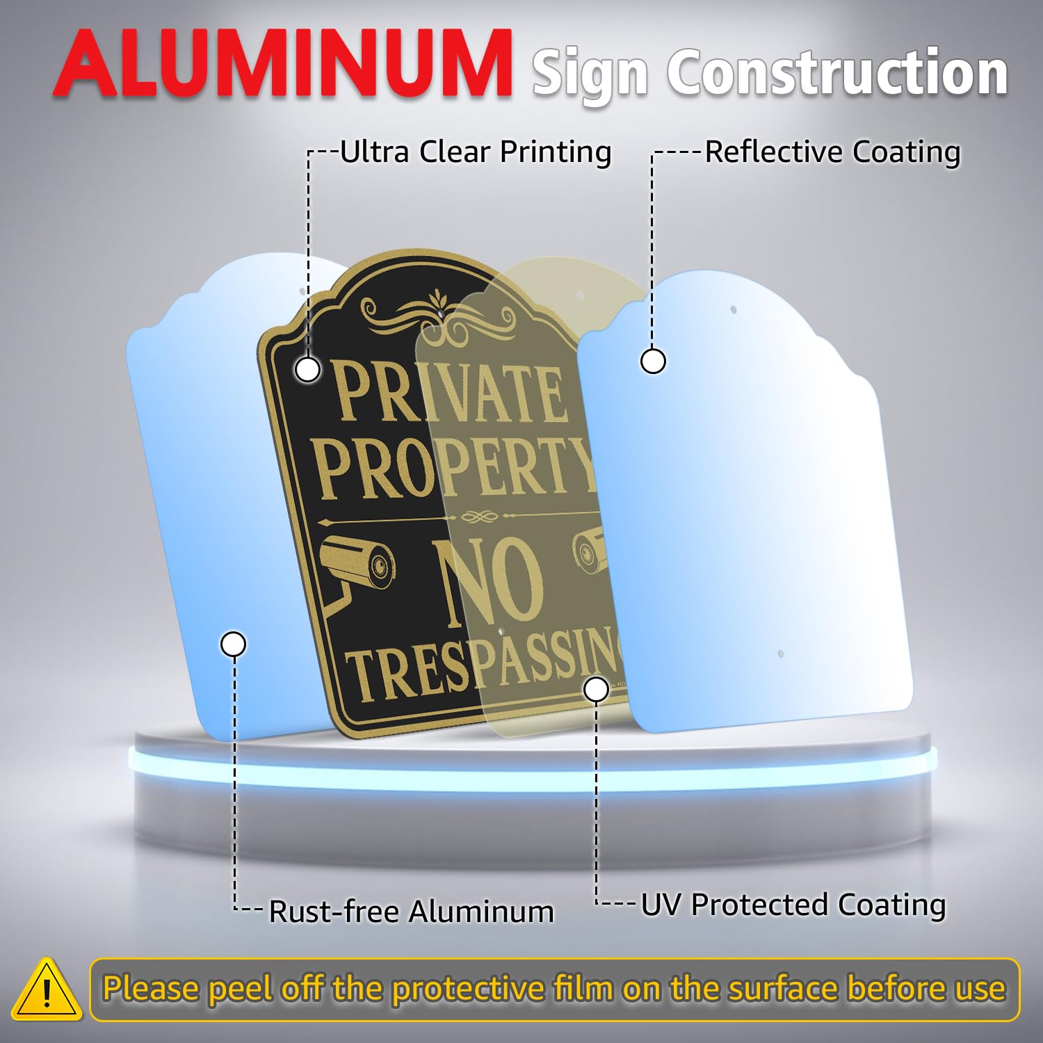 Faittoo Grand panneau « No Trespassing » propriété privée avec piquet épais en métal de 132,1 cm, 30,5 x 30,5 cm, aluminium lourd antirouille, réfléchissant, résistant à la décoloration, facile à