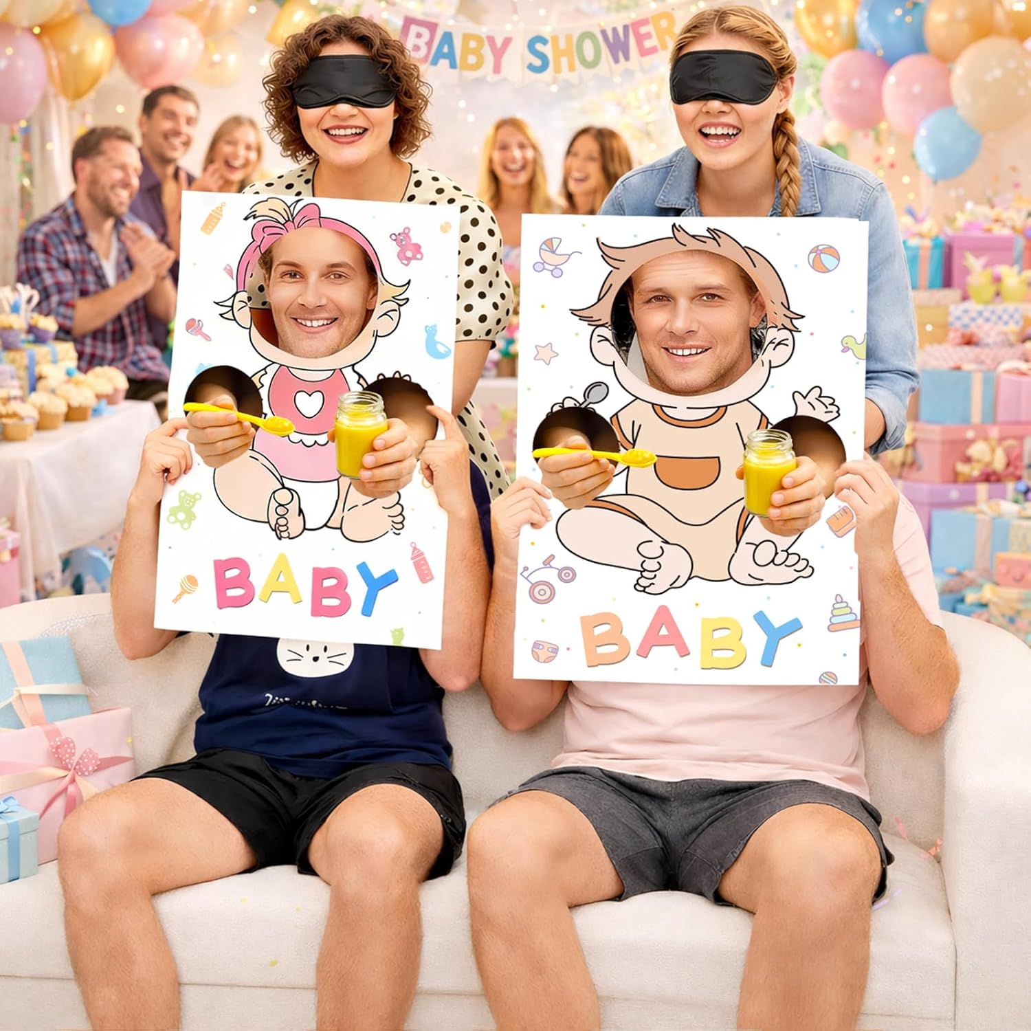6 Set Baby Shower Games Party Favors Feed Me Funny Blindfolded Baby Shower Game for Adults Includes 6 Kt Boards 6 Eye Patches Fun Blindfold Food Feeding Game Kit for Gender Reveal Party Supplies