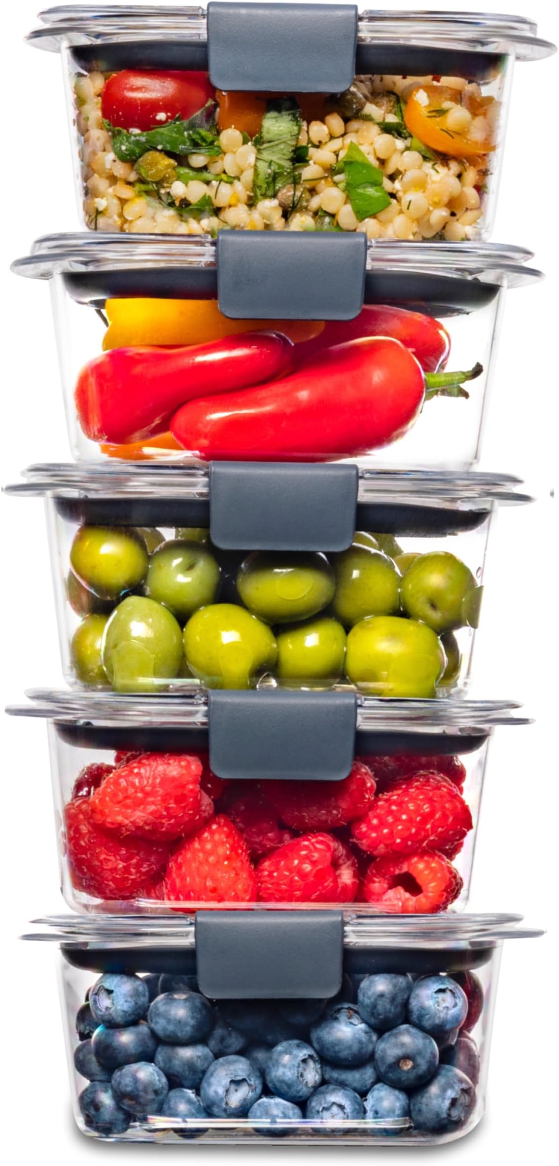 Rubbermaid 2108398 Leak-Proof Brilliance Food Storage Set | 1.3 Cup Plastic Containers with Lids | Microwave and Dishwasher Safe, 5-Pack, Clear