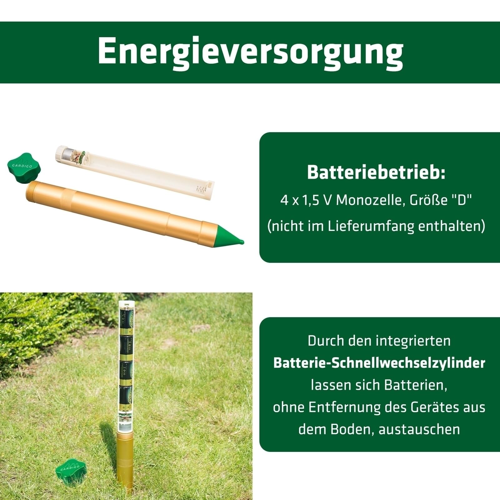 GARDIGO® Maulwurf Vertreiber Vibrasonic - 2er Set I Maulwurfabwehr mit Vibrationsmotor I wechselnde Frequenzen I ca. 1250 m² I Wühlmausvertreiber Ameisenabwehr für den Garten I Batteriebetrieben