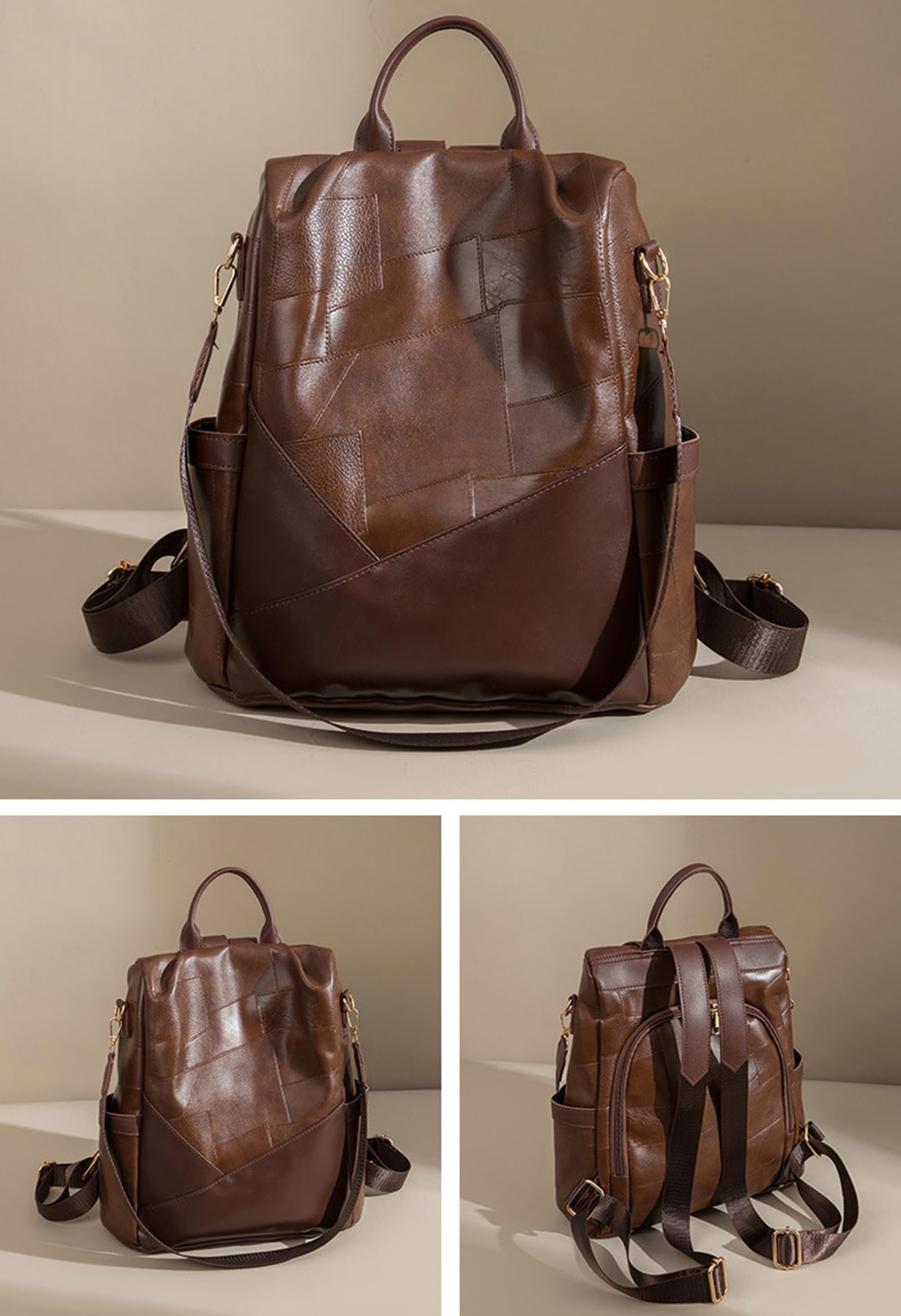 Damen-Rucksack Geldbörse PU-Leder Diebstahlsicher Mehrzweck-Umhängetasche für Arbeit, Reisen, Einkaufen, Business,Braun