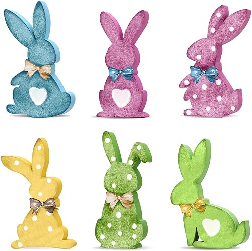 6 letreros de madera de conejo de Pascua, decoración de mesa de Pascua, forma de conejo, letrero de mesa con forma de conejo con cuerda de yute y