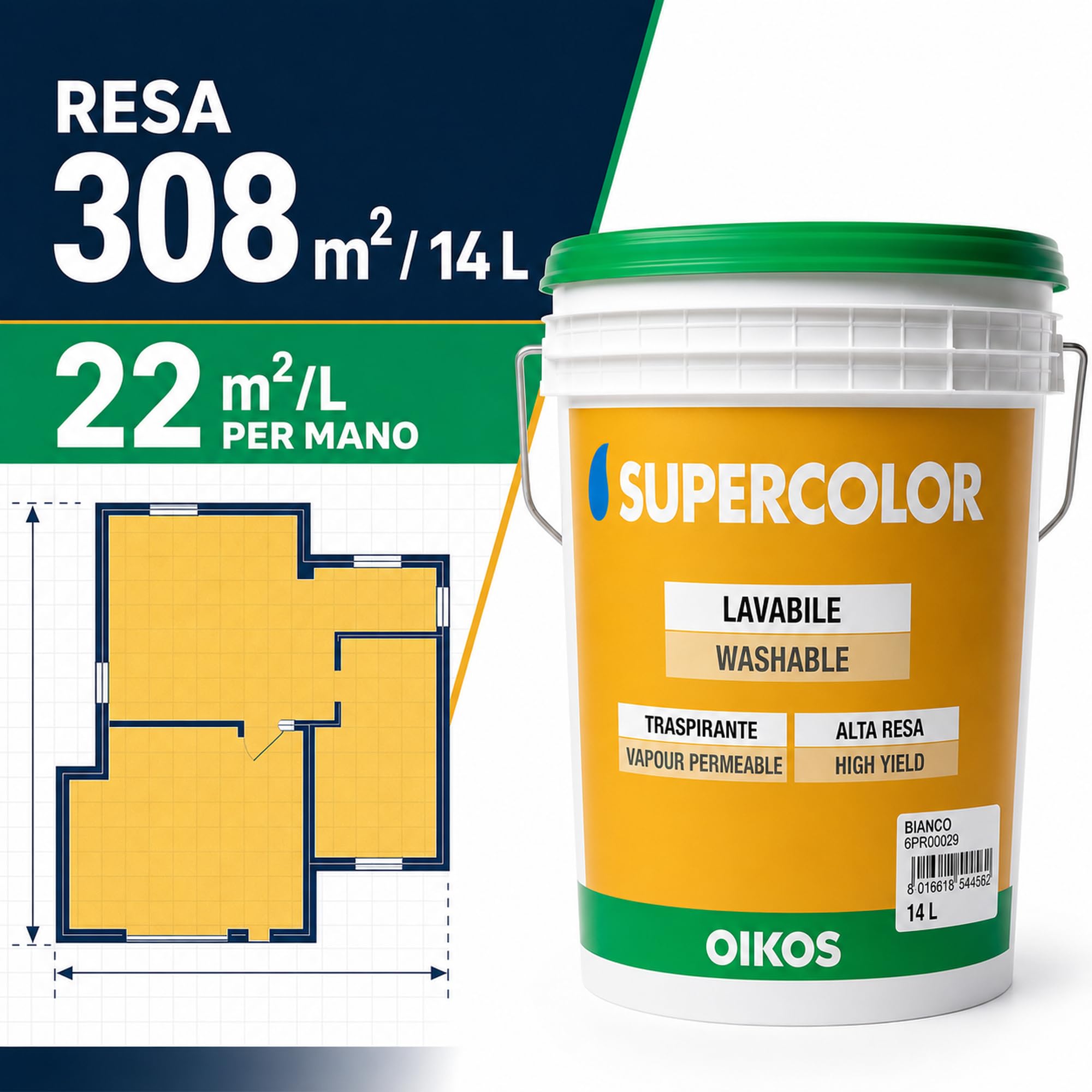 Oikos – Supercolor Pittura Opaca Bianca per Interni – 14 L – 6PR00029