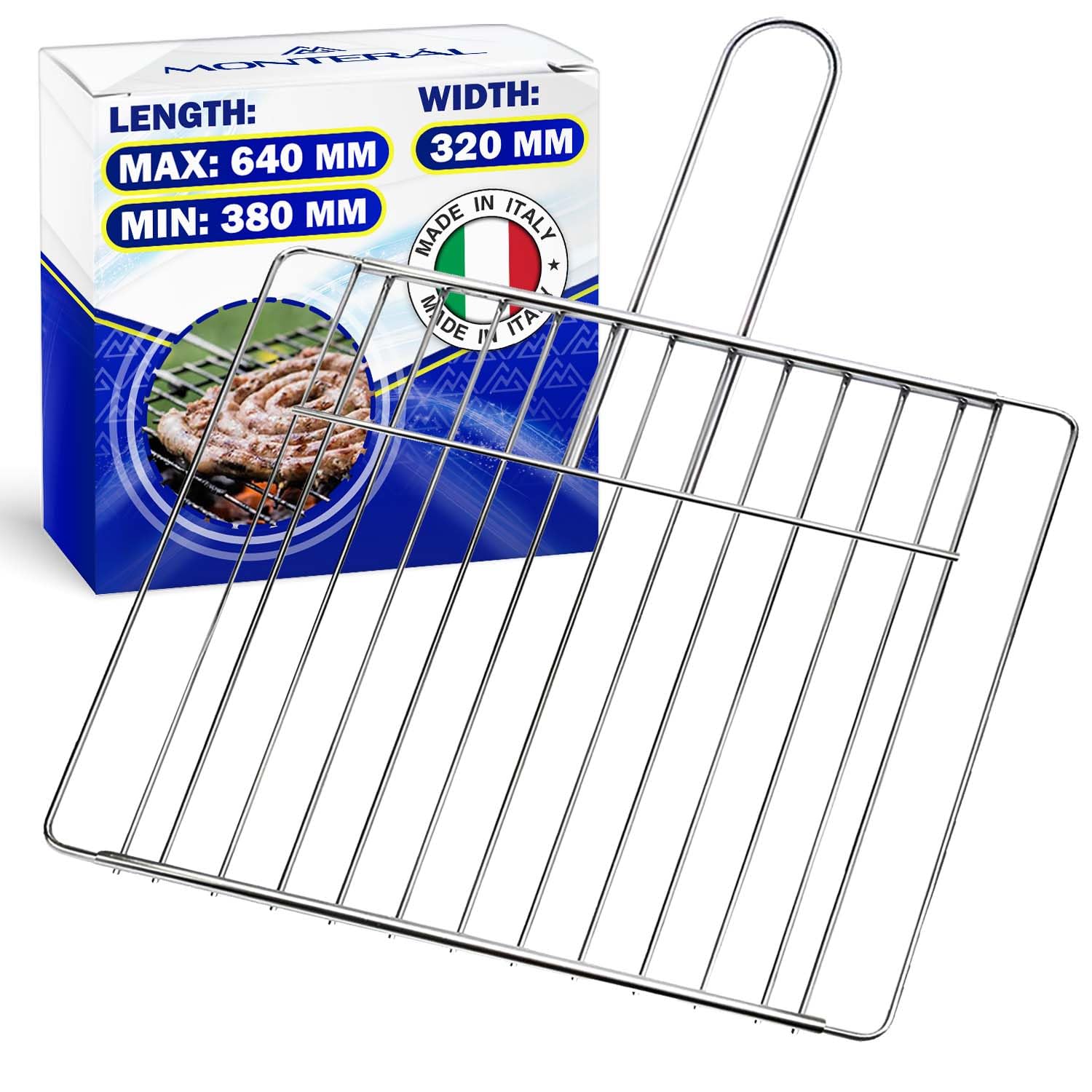 Grille de barbecue coulissante de 38 cm à 64 cm x 32 cm en acier inoxydable chromé et équipée de vis à tête fraisée et clé de montage – Fabriqué en Italie – Garantie 10 ans MONTERAL