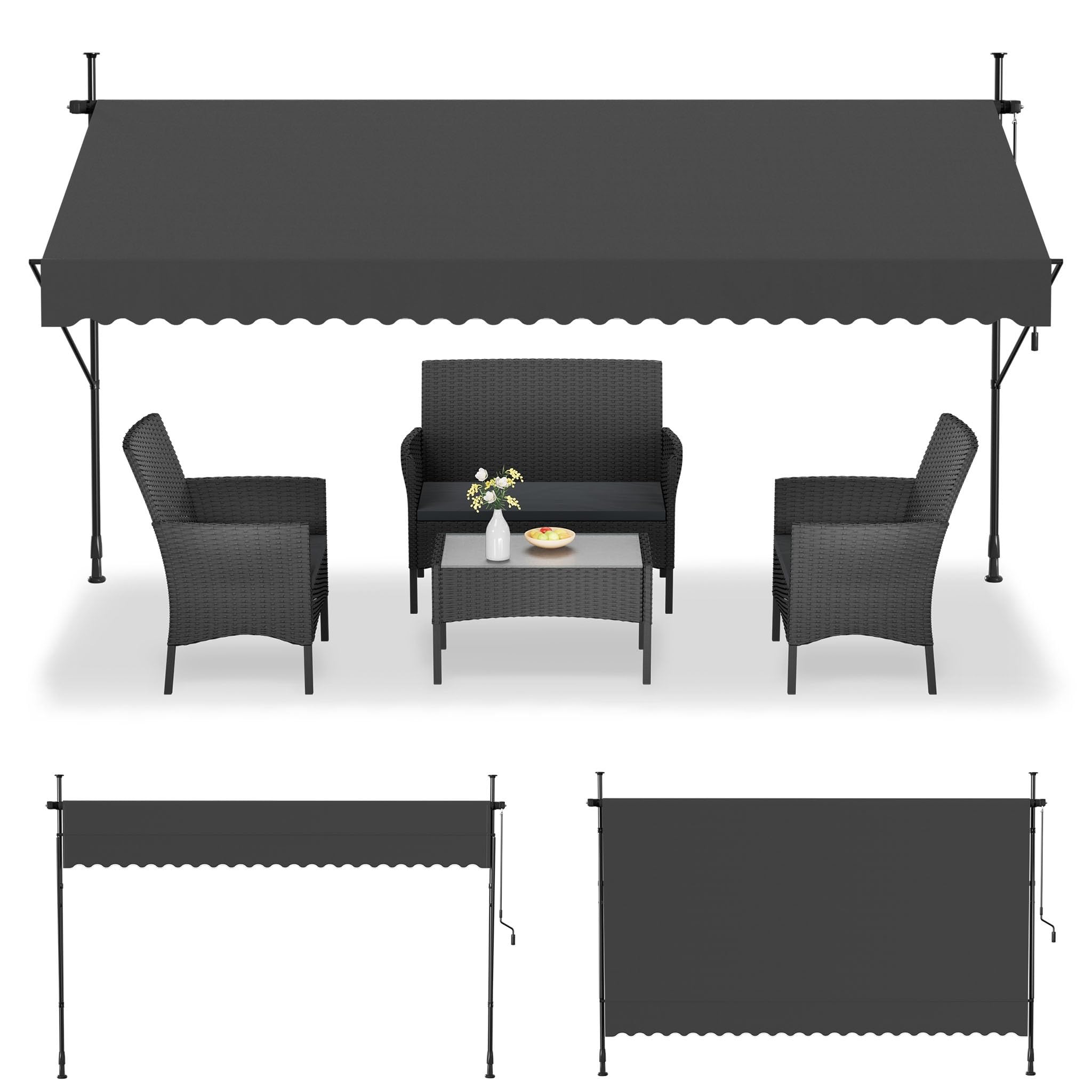 UISEBRT Store de balcon réglable sans perçage, protection UV, protection solaire, résistant aux intempéries, gris foncé (3 x 1,20 m, gris foncé)