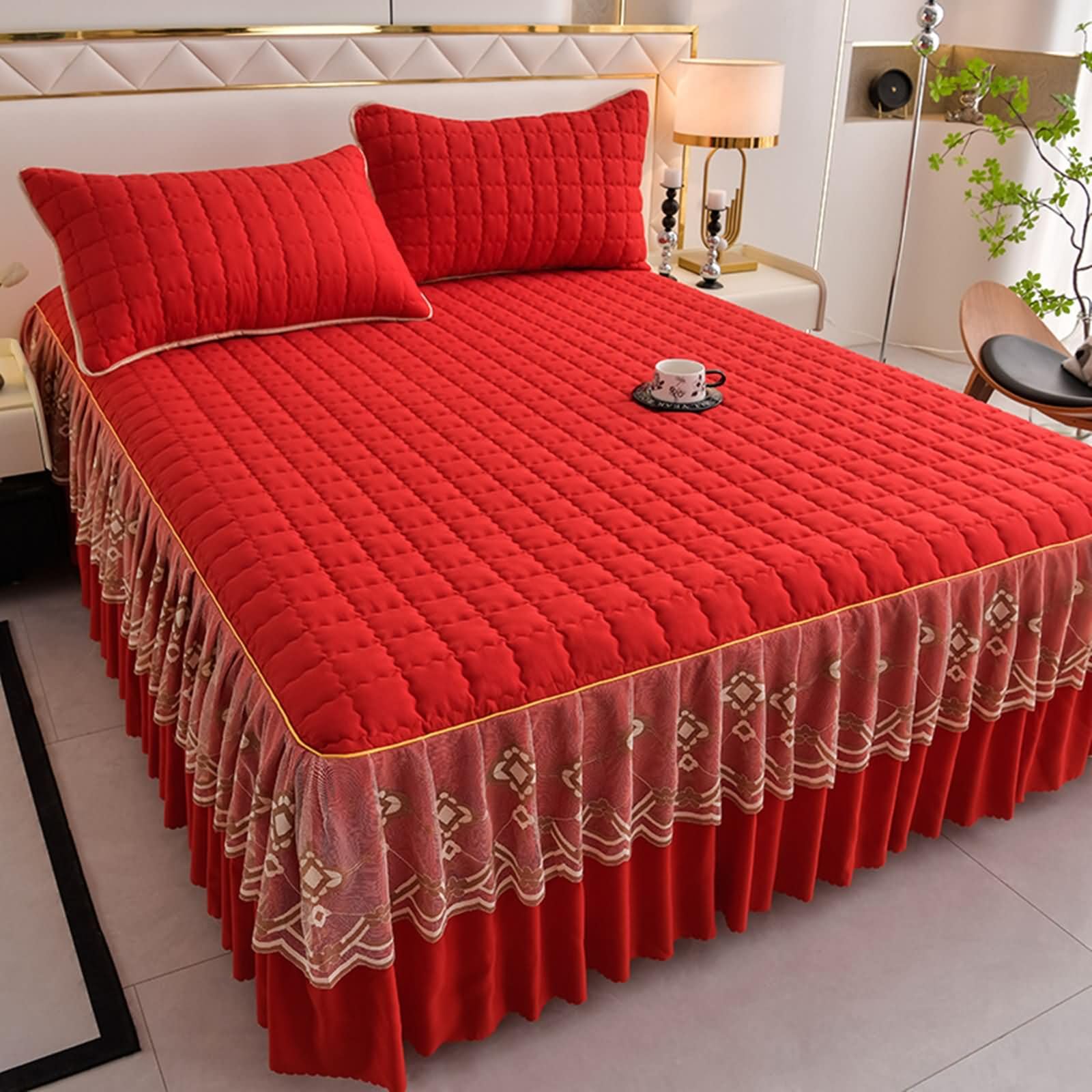 Lenzuolo con Angoli, 180x200cm Gonne da Letto Tinta Unita con Motivo in Pizzo Ricamato in Poliestere Cotone Tessuto Morbido Durevole e Lavabile in Lavatrice, Rosso (con 2 federe)