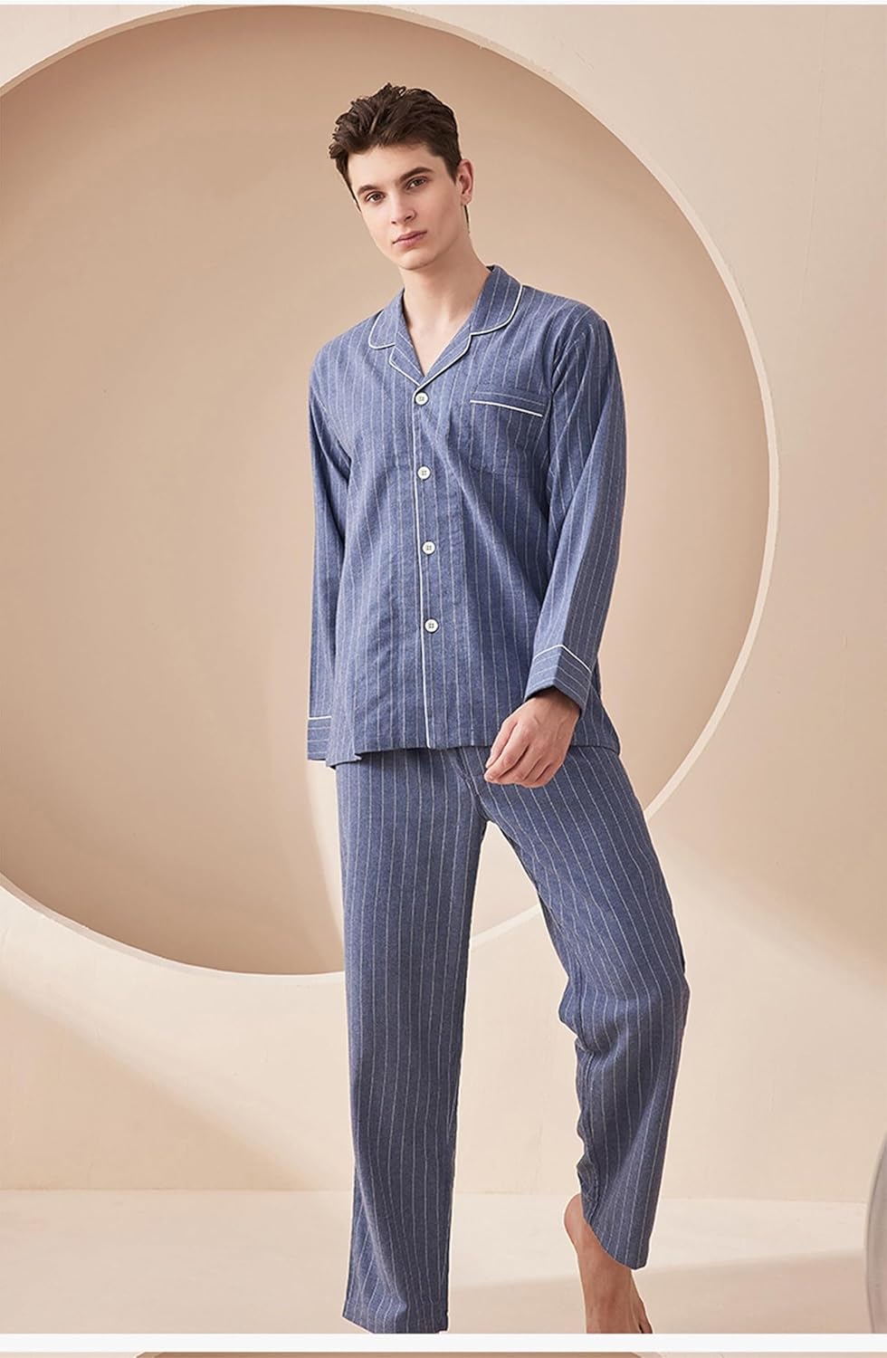 Men's Sleeve Long Leg Woven Pajama Set Cotton Button Down Sleepwear Loungewear Classic Striped Pjs Sets
