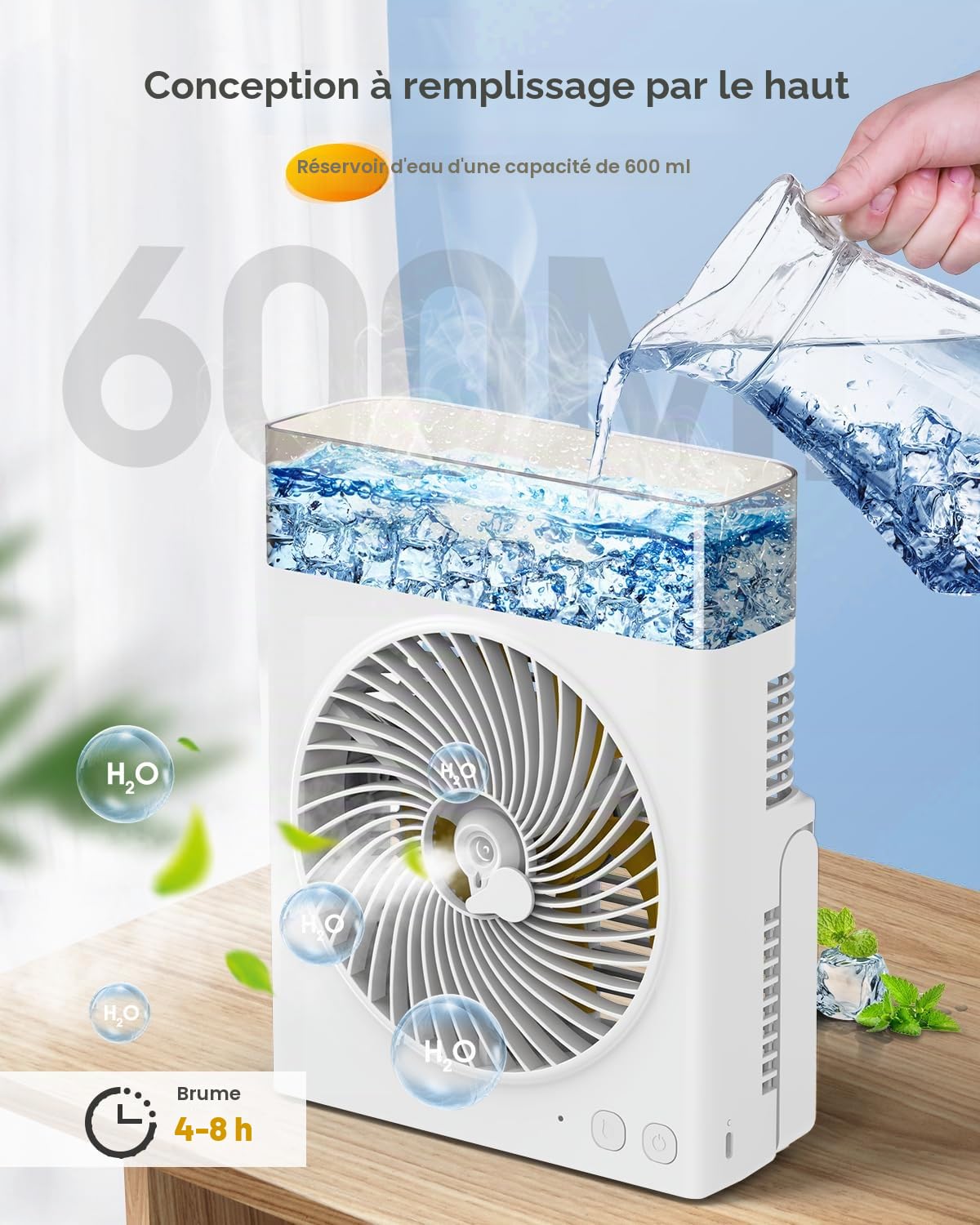 JINLICTE Ventilateur brumisateur portable, autonomie maximale de 15 h : ventilateur de refroidissement à eau rechargeable de 20,3 cm avec réservoir d'eau de 600 ml, alimenté par batterie USB