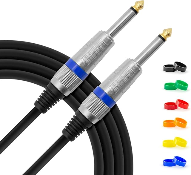 TIGER GTC4-03 3 Metre 10 Foot - 6.35mm 1/4 Inch Jack to Jack Guitar Instrument Cable with Interchangeable Coloured Loops