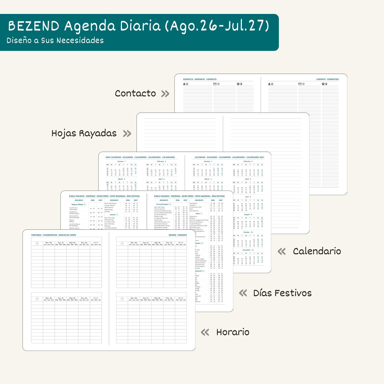 BEZEND Agenda Escolar 2026 2027 Día por Página A5, 12 Meses de Ago.26 a Jul.27, Agenda Diaria 15,5 x 21 cm, Dia Vista con Intervalos de 30 minutos, Tapa Dura en Cuero PU - Negro