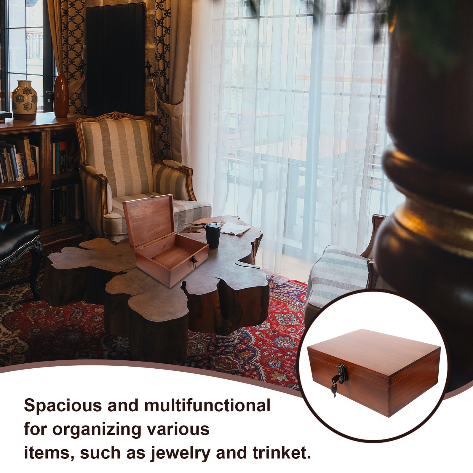 NUOBESTY Schmuckkästchen Vintage mit Schloss Große Holz Aufbewahrungsbox Japanische Retro Dekoration Sichere Holzschatulle für Schmuck und Kleinteile