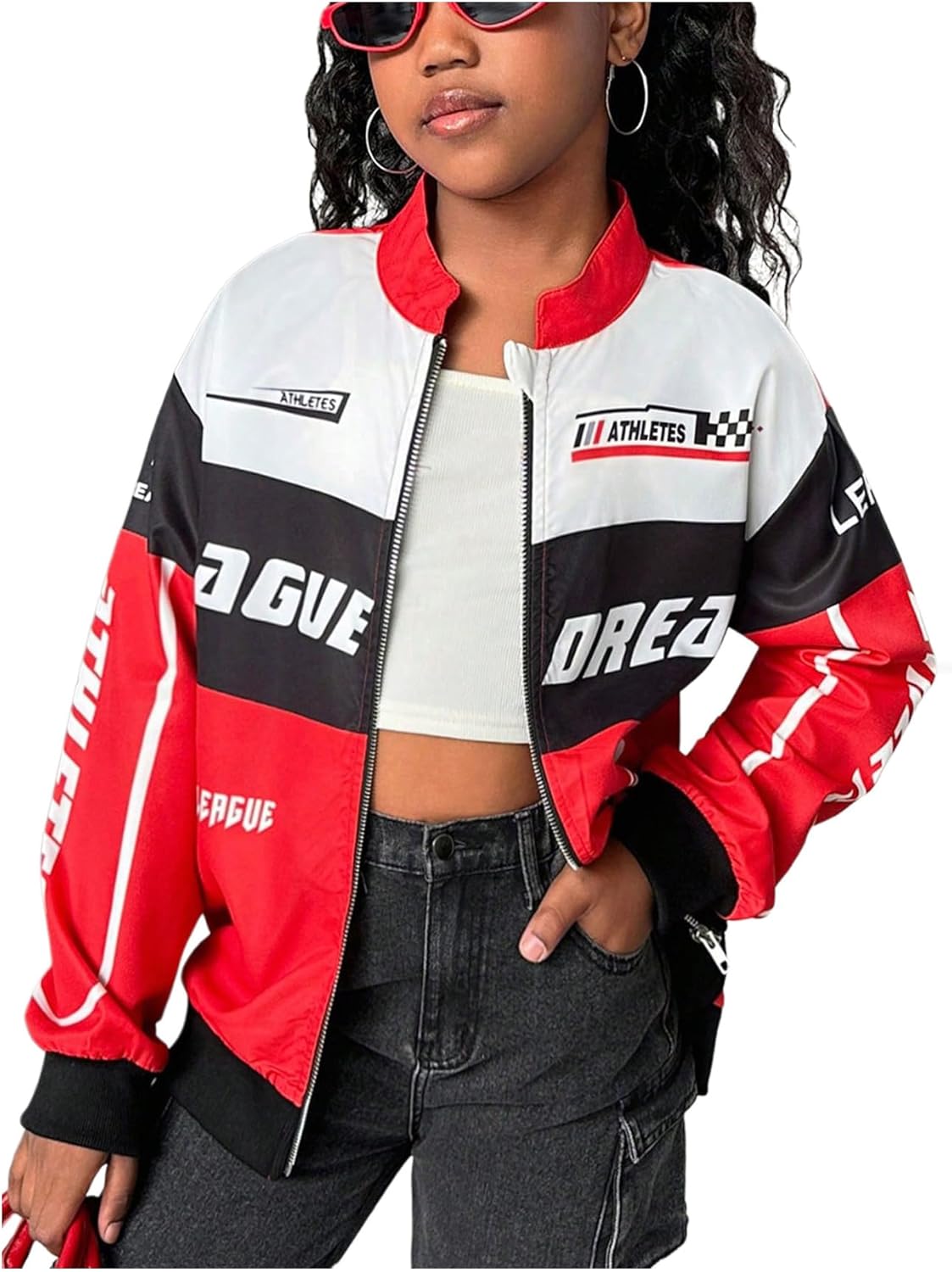 SOLY HUX Girl’s Zip Up Bomber Jacket Y2k Long Sleeve Racing Motorcycle Outerwear Streetwear
