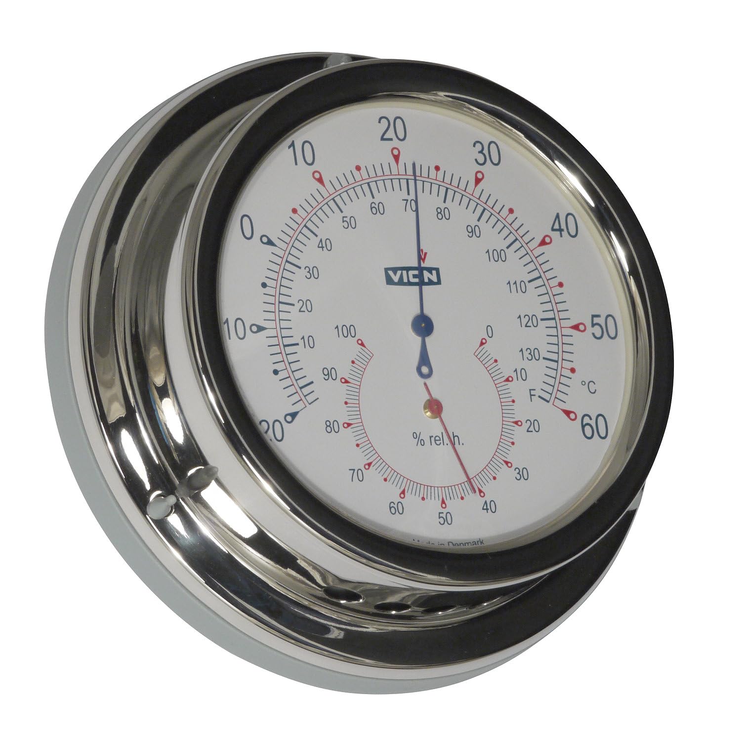 Thermometer/Hygrometer Vion Edelstahl poliert, weisses Zifferblatt, Durchmesser 129 mm, Tiefe 40 mm, 3 Jahre Garantie, hergestellt in Dänemark
