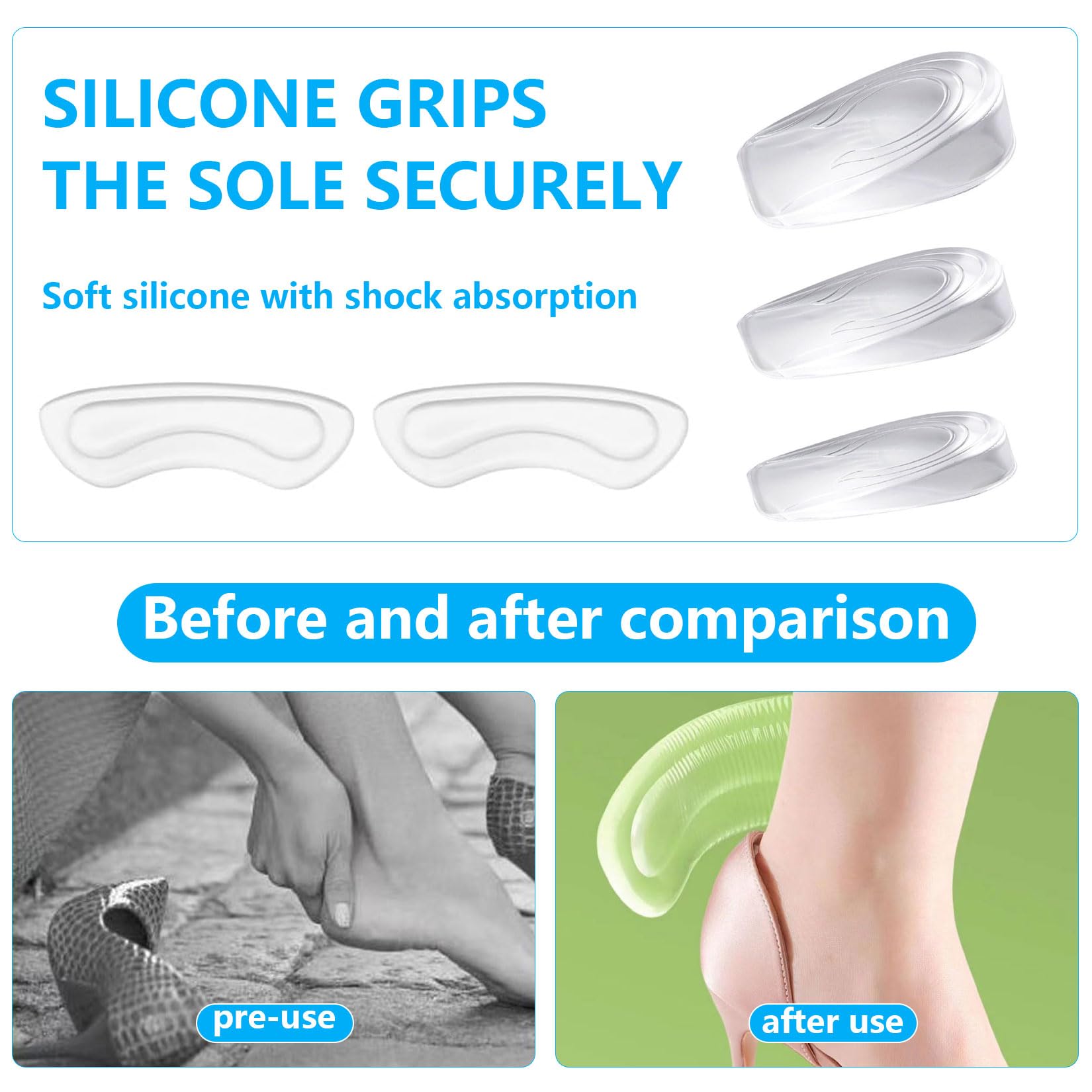 3 Paia Altezza Aumentando Tallone Solette, 1/2/3cm Rialzo Tallone per Scarpe, Solette Rialzate Donna, Talloniera di Silicone di Altezza Solettes + 1 Paio Cuscinetti per Tallones