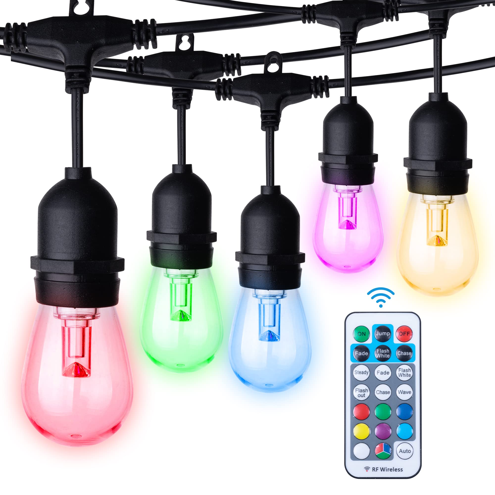 48ft outdoor rgb string lights with dimmable bulbs for cafe, color changing led patio lights, led edison bulbs for garden