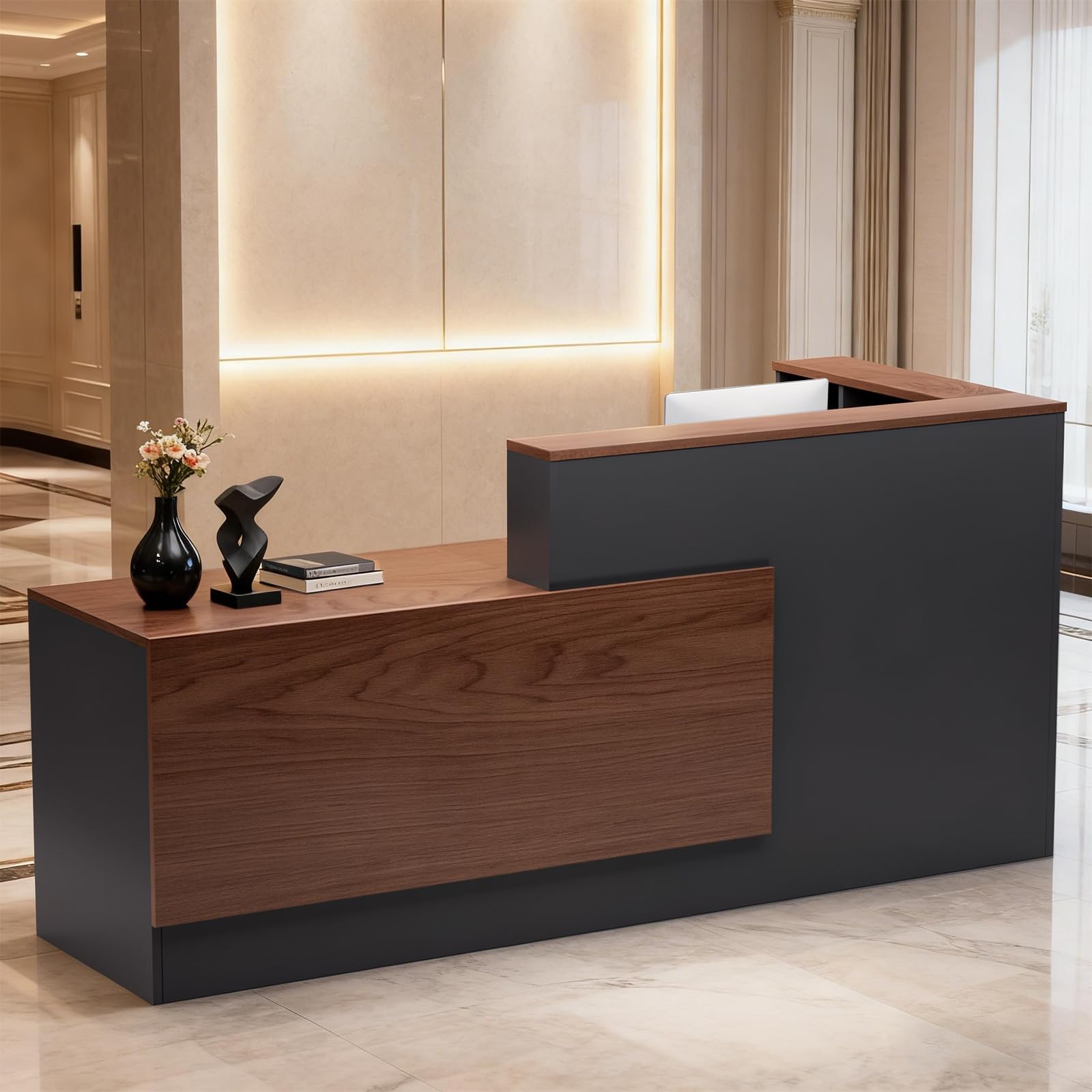 L-Shaped Large Wooden Reception Desk, Modern Front Desk Reception Counter with Lockable Drawers & Storage & Keyboard Tray, for Checkout, Lobby (
