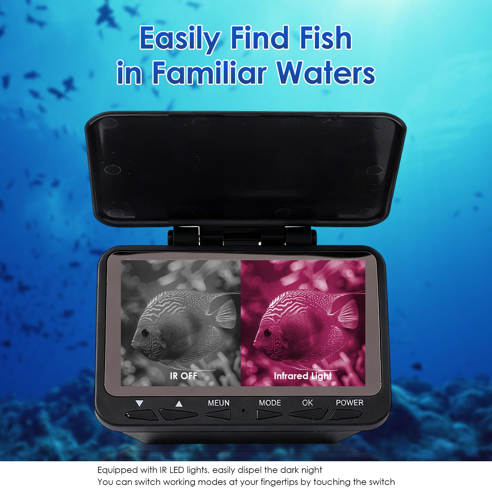 Cámara de pesca subacuática, cámara de pesca portátil HD de 4.3 pulgadas, gran angular de 140 grados, 1200TVL, buscador de peces con 8 luces IR para barco, lago, pesca en hielo