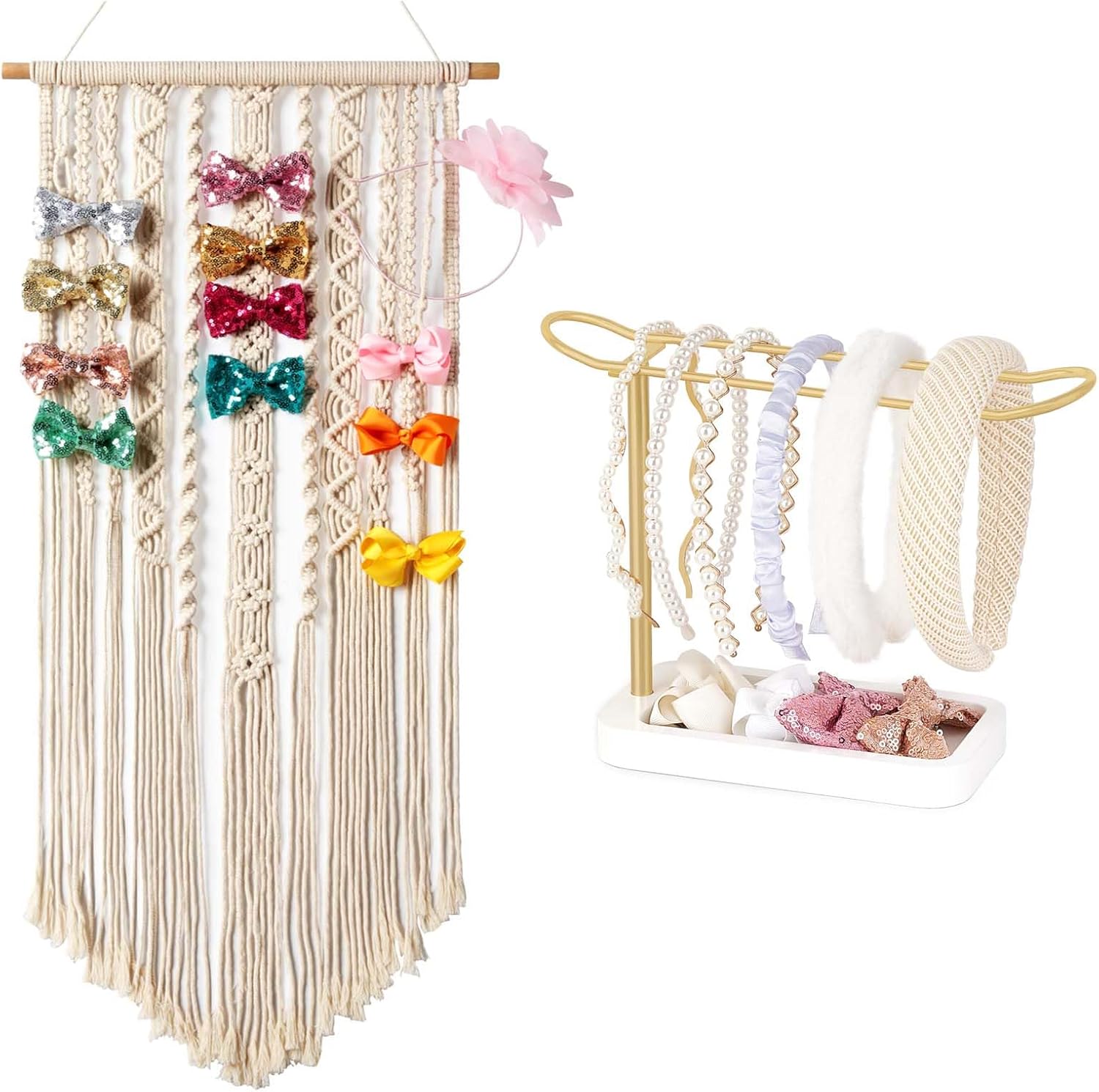 Mkono Macrame Bow Holder Hanging Hair Bow Organizer Boho Wall Hair Clips Headband Storage Hanger Metal Stand Rack