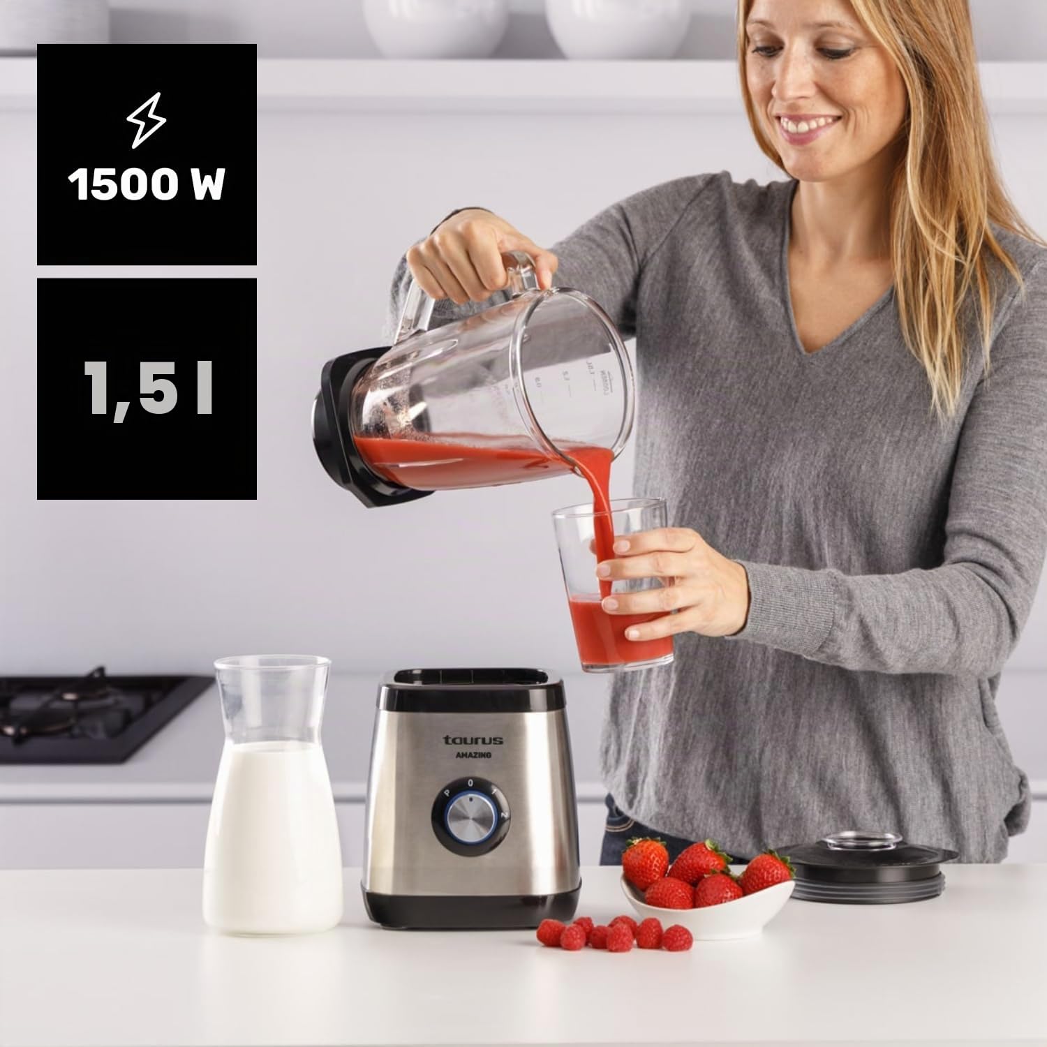 Taurus Magnum 1300 – Standmixer, 1300 W, Krug aus Glas mit 1,5 l, 4 abnehmbare Klingen aus Edelstahl, Eismahlwerk, BPA-frei, spülmaschinenfest, 2 Geschwindigkeiten + Turbo, Grau