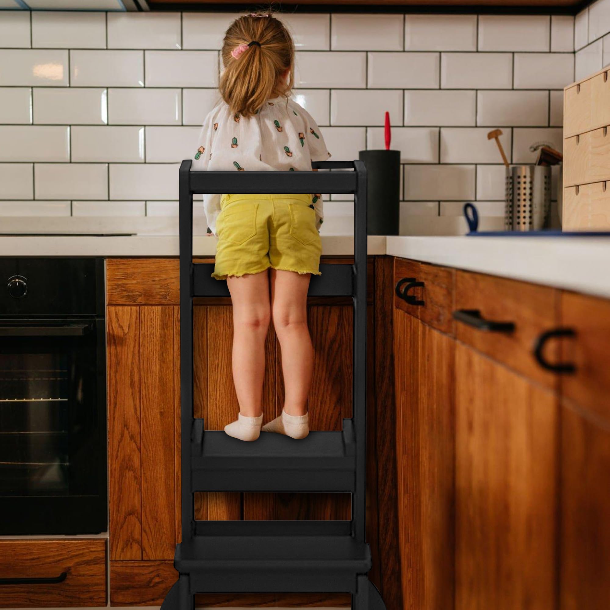 Tour D'apprentissage Montessori Oemmie Pliable - Marchepied Sécurisé Pour Enfants - Noir