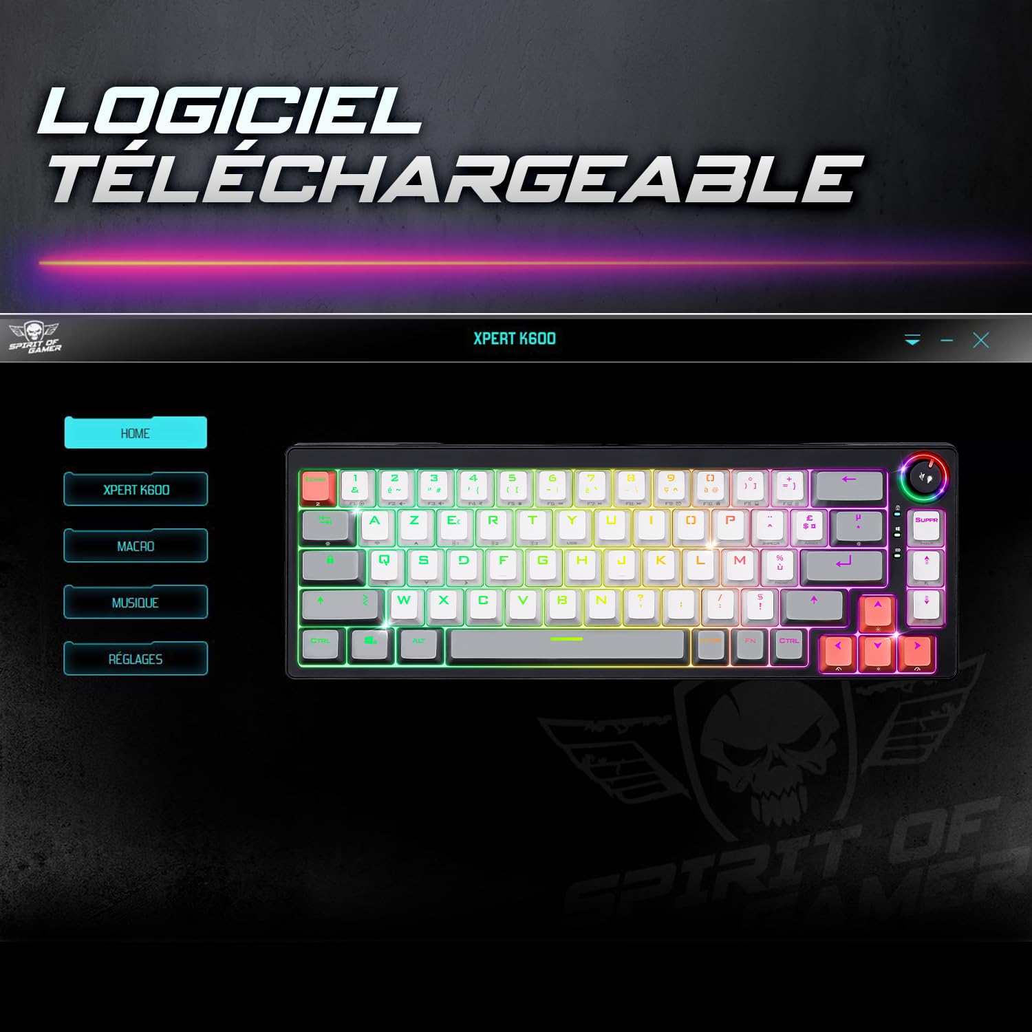 Spirit Of Gamer - XPERT K600, Clavier Gamer TKL sans Fil 65% Mécanique AZERTY, Switchs Rouges, Bluetooth, RF 2.4 GHz et Filaire USB, RGB 22 Modes, Anti-Ghosting 100%, Autonomie 200 Heures, Noir