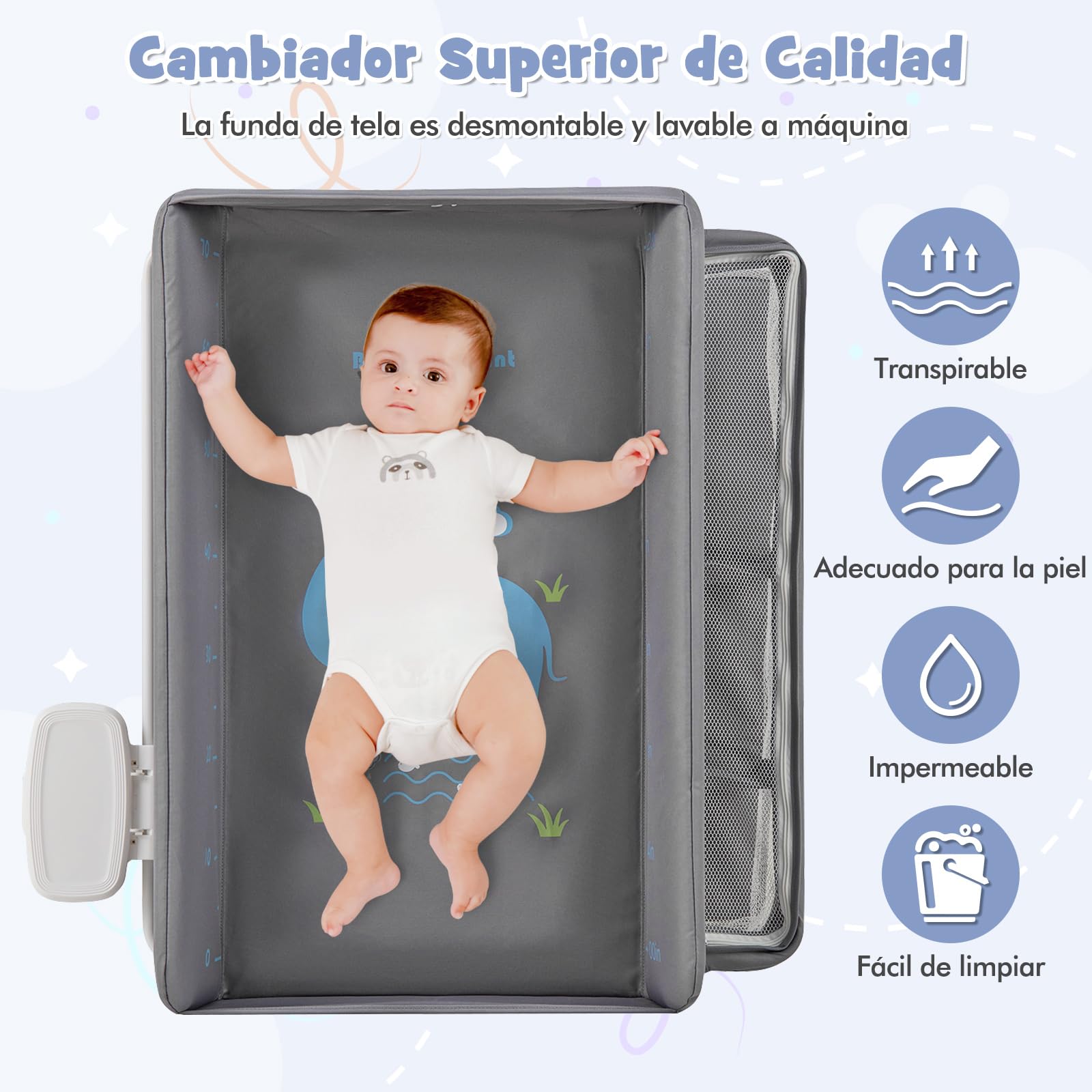 GOPLUS Cambiador Portátil para Bebés, Centro para Cuidado Infantil con Altura Ajustable, Cubierta Impermeable, Estantes y Papelera, Estación Plegable para Pañales con Ruedas (Gris)