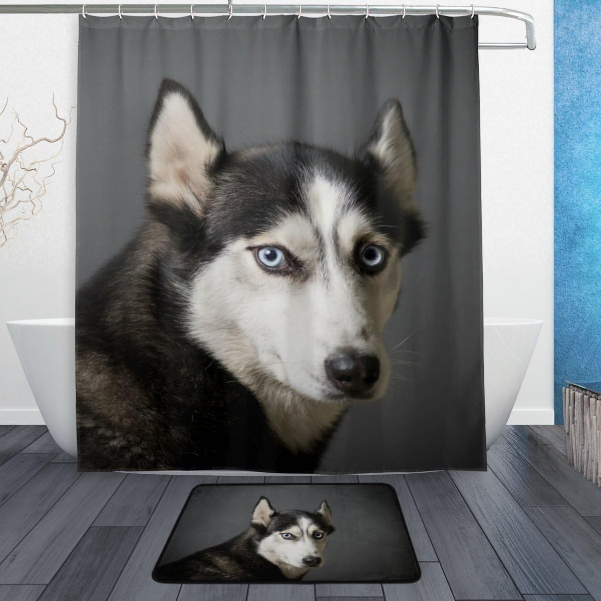My Daily Siberian Husky Dog Shower Curtain 60 x 72 inch with Bath Mat Rug & Hooks, Waterproof Polyester Decoration Bathroom Curtain Set