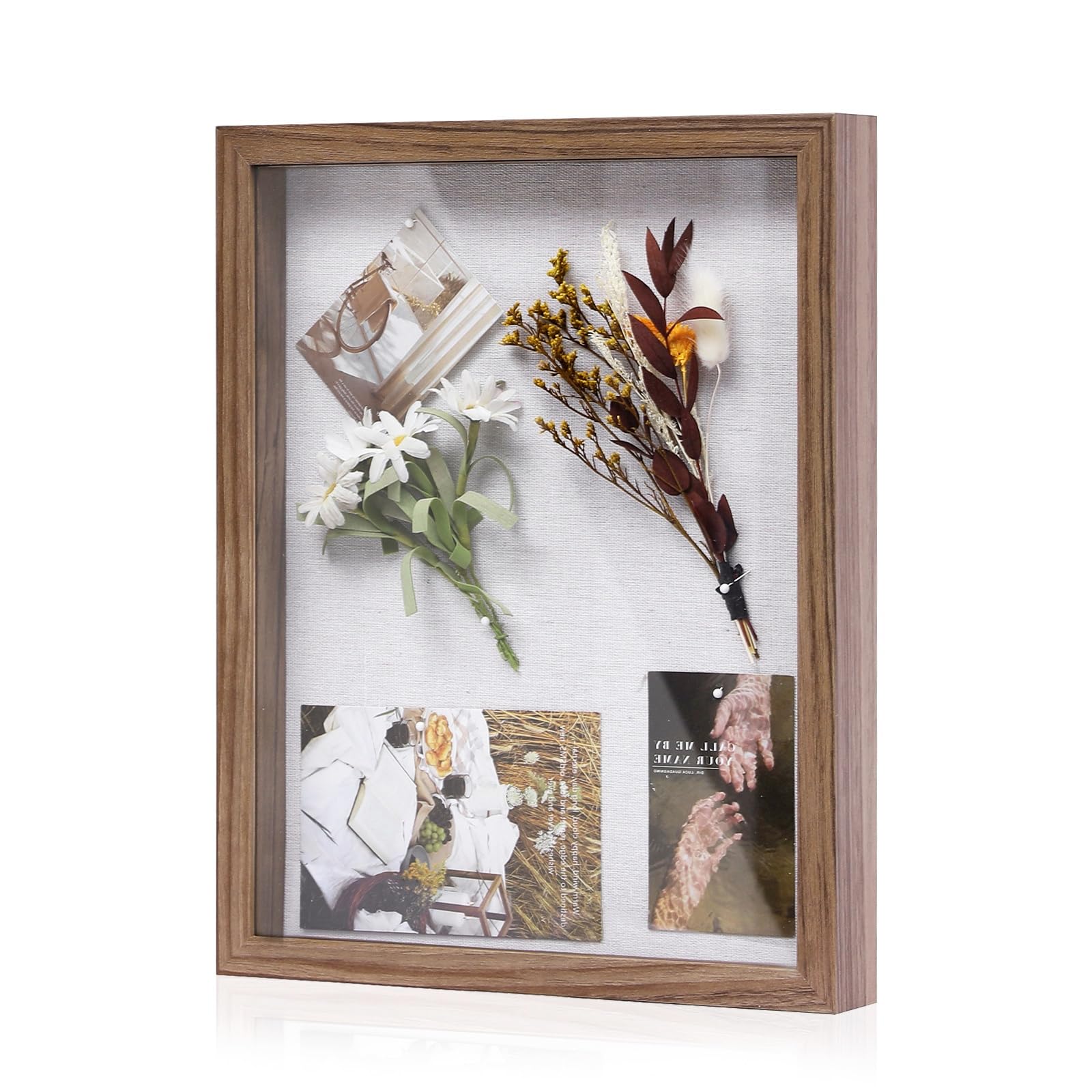 Muzilife Cadre photo de 28 x 35,6 cm avec planche en lin – Bois profond et verre – Boîtier rustique prêt à accrocher souvenirs, épingles, récompenses, médailles, mariage, billets et photos, marron