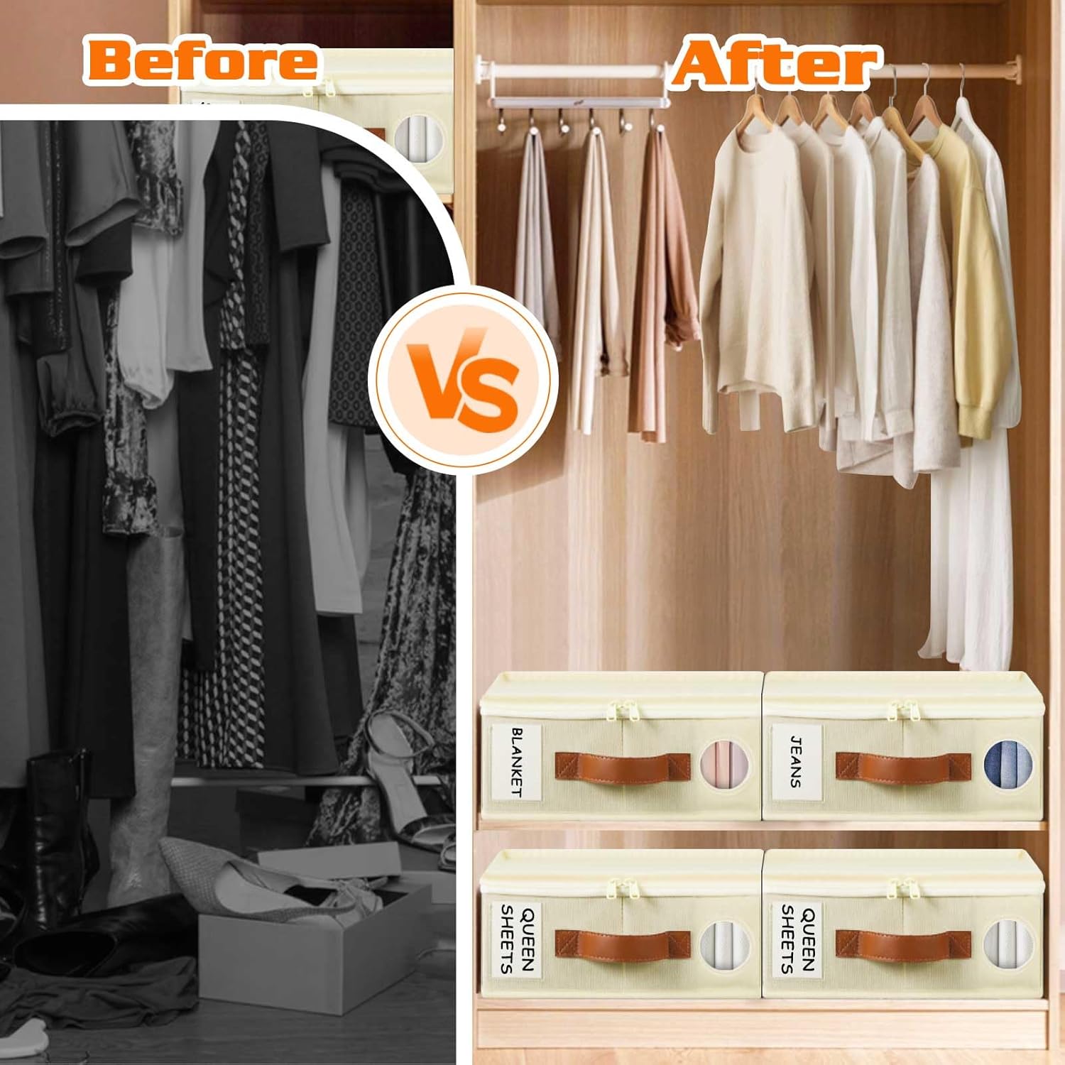 GhvyenntteS 6 Pack Sheet Organizers and Storage, Foldable Bed Sheet Organizers and Storage with Zipper, Handle, Window and Label (Queen & King Size)