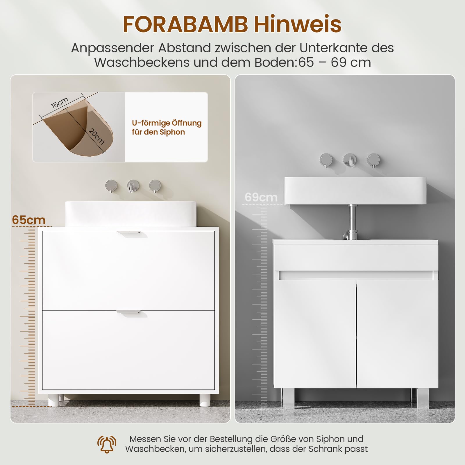 Waschbeckenunterschrank, Badezimmer Unterschrank Waschbecken mit 2 große Schubladen, Badezimmerschrank mit Füßen, Öffnung für Siphons, Badschrank, Waschtischunterschrank, 30 x 60 x 60 cm,Weiß