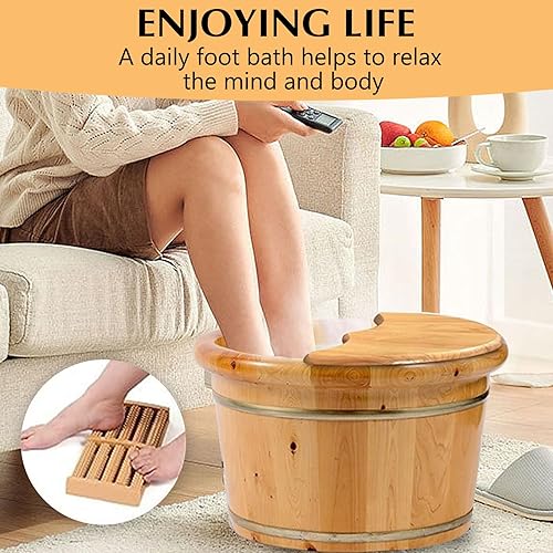 Miniatura 4 de Cuenca de pie de madera, bañera de madera maciza de cedro con placa de cubierta, baño de pies de cubo de madera con masaje, barril de pedicura para